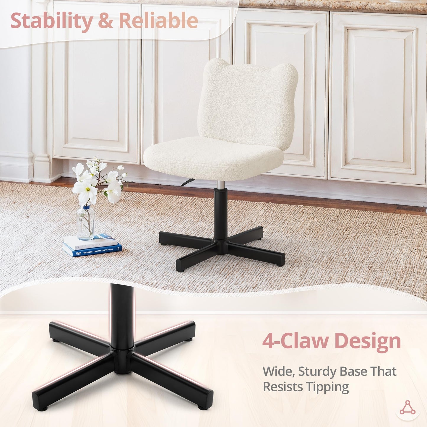 LUE BONA Adjustable Vanity Stool Chair with Girly Bear Ear Wide Back, 360° Swivel Vanity Stool for Makeup Room, Upholstered Teddy Velvet Ottoman for Teen Girls, 350lbs, Beige