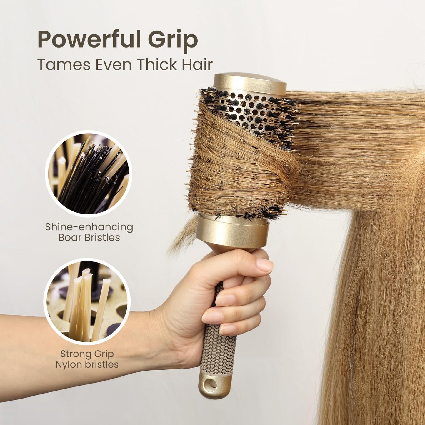 AIMIKE Round Hair Brush, Nano Thermal Ceramic & Ionic Tech, 2.1 Inch Barrel with Boar Bristles for Enhanced Texture, Golden, Hair Drying, Styling, Curling and Shine + 4 Free Clips