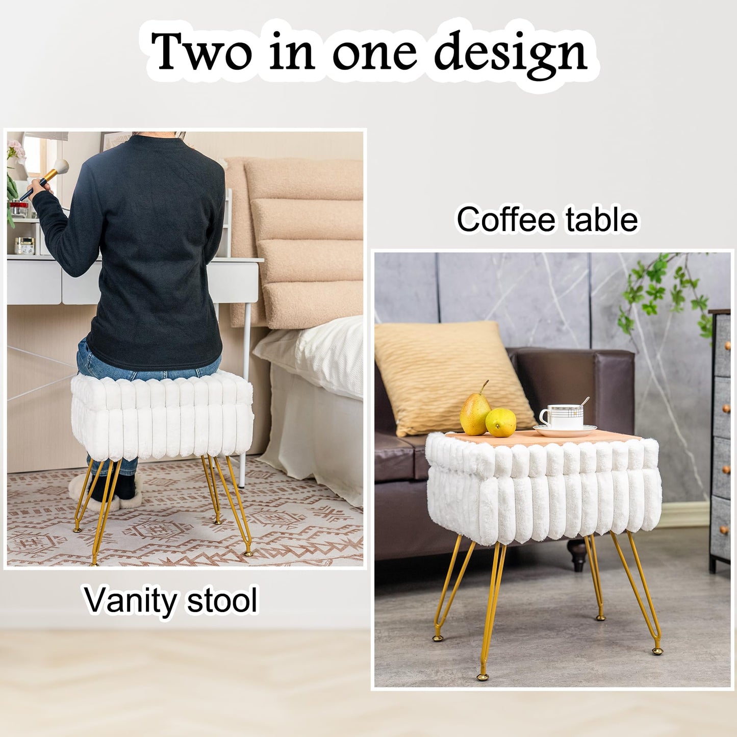 xuperbonus Faux Fur White Vanity Stool Chair with Storage Ottoman, Vanity Chair for Makeup Room, Vanity Stools for Bedroom, Footrest with Metal Legs and as a Coffee Table, White