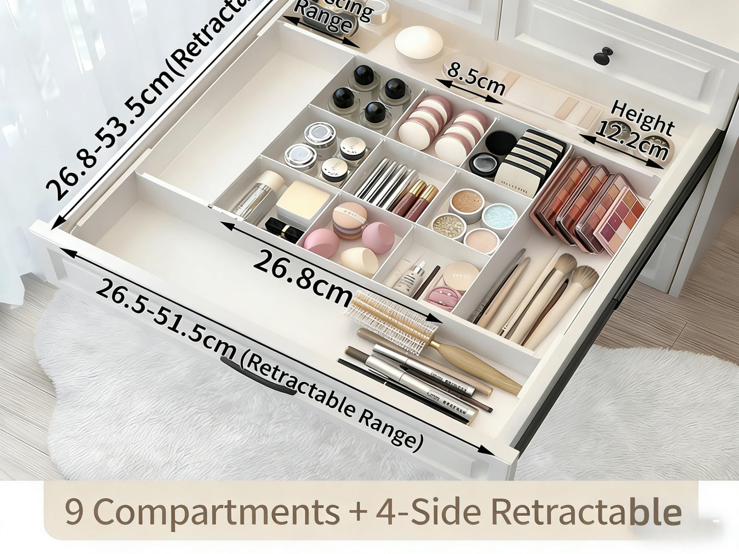 9 Compartments 4-Way Expansion Drawer Storage Box - Removable Divider for Space Saving and Organization for Cosmetics, Kitchen Utensils and Office Desk Essentials