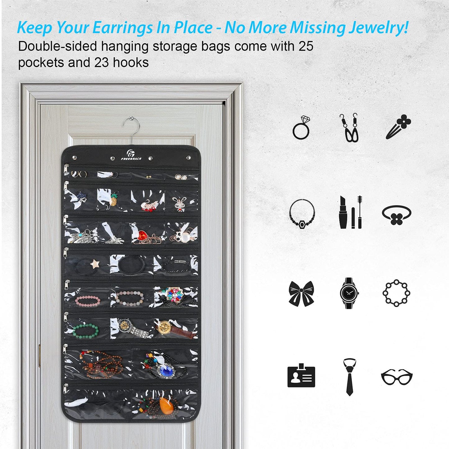 Freegrace Hanging Jewelry Organizer with Secure Zipper Closure - 360° Revolving Hanger, 25 Clear Pockets, 23 Necklace Hooks - Foldable Travel Storage & Closet Display (Black)