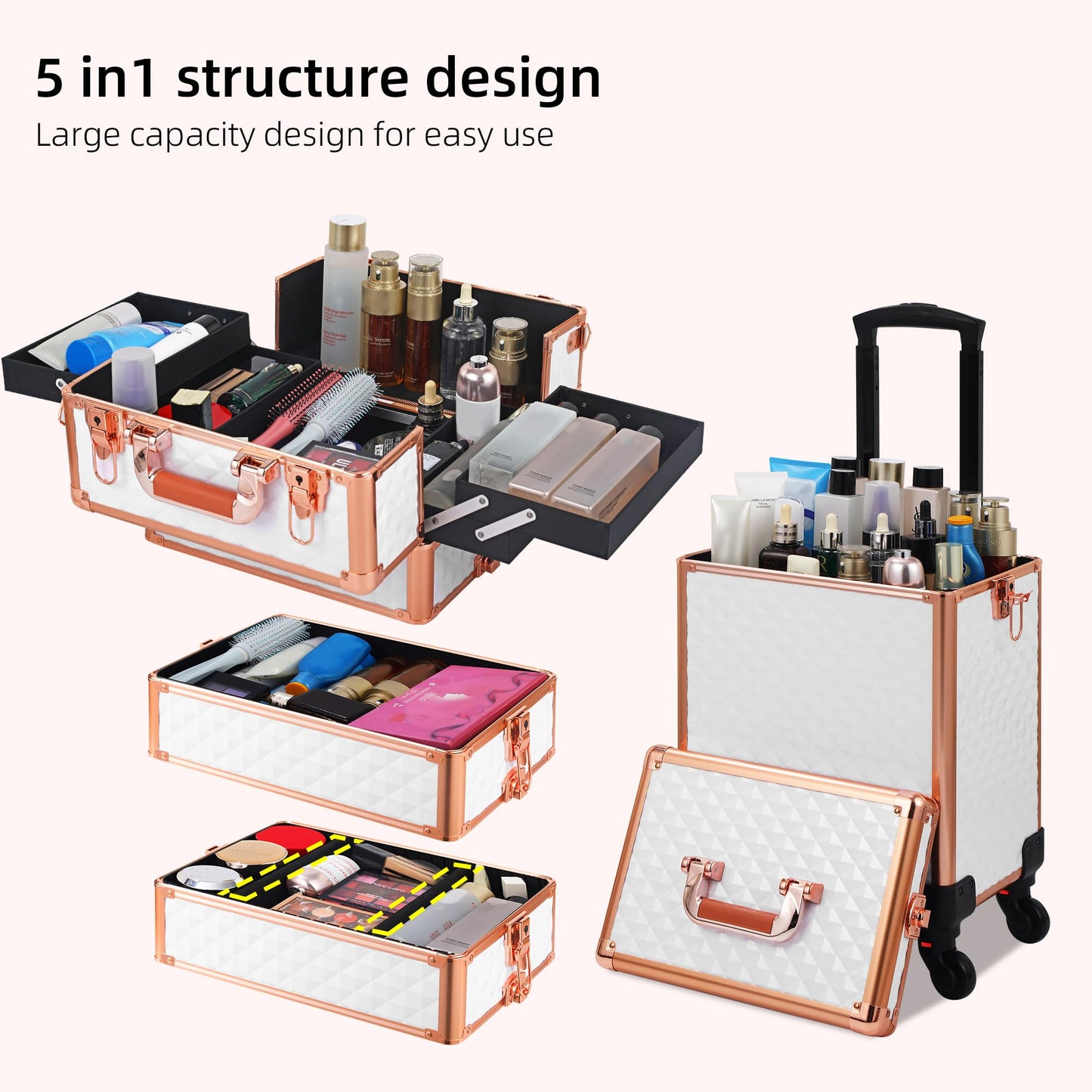 Somduy Rolling Makeup Case, Makeup Train Case with Lid, 5 in 1 Cosmetology Case on Wheels, Christmas Gift, Large Makeup Organizers, Profesional Cosmetic Case for Salon Barber, White Gold