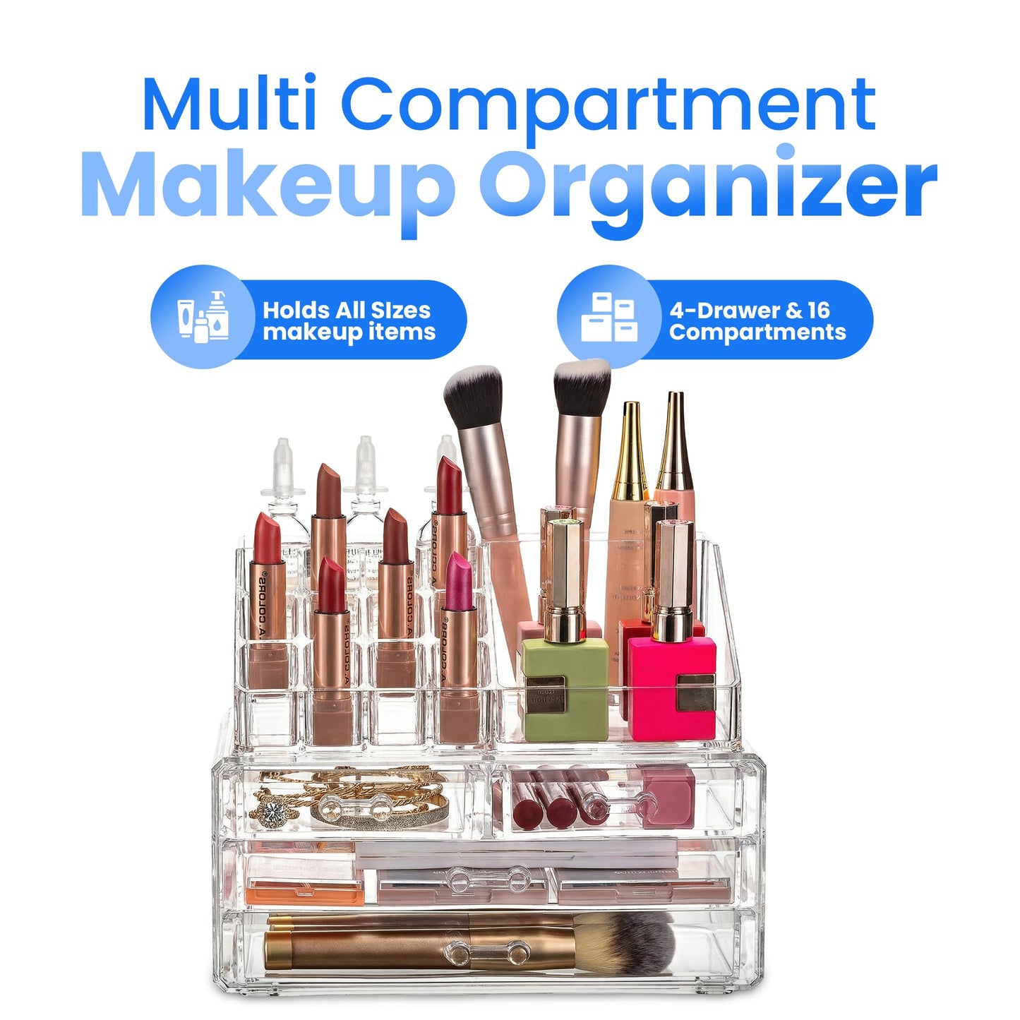 Masirs Clear Makeup Organizer - 16-Compartment Cosmetic and Jewelry Holder with 4 Drawers - Vanity Storage Box for Makeup, Skincare, Accessories, and Jewelry Display