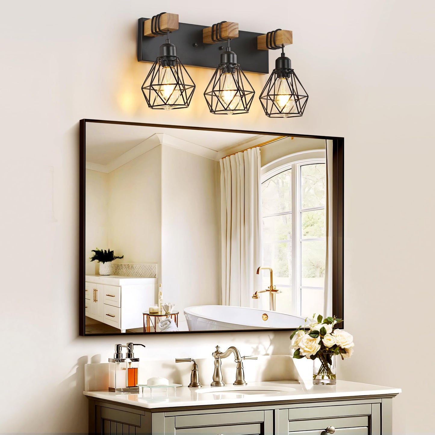 Farmhouse Vanity Light for Bathroom, 3-Light Wood Bathroom Vanity Light Fixtures Over Mirror, Black Rustic Sconces Wall Lighting with Metal Lampshade for Living Room, Bedroom, Hallway