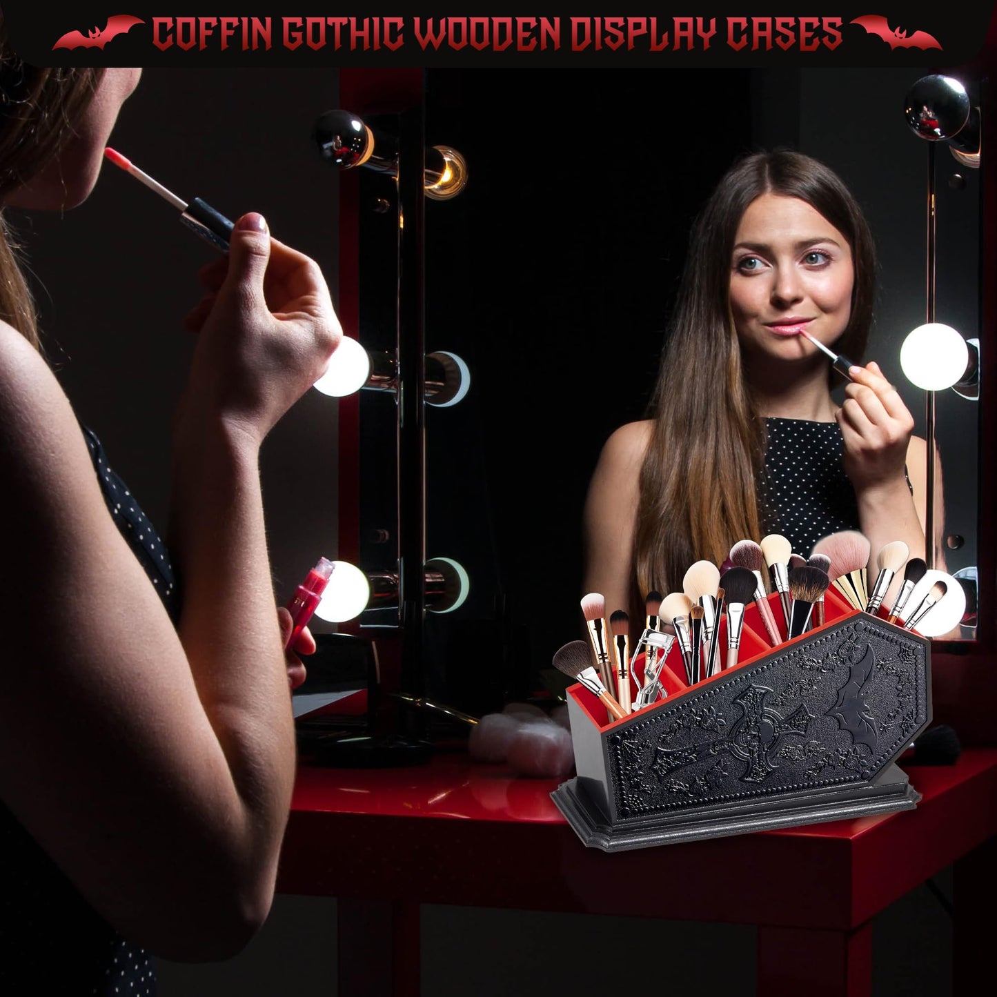 Gothic Coffin Decor Makeup Brush Holder,Spooky Witchy Gifts for Women,Bat Cosmetic Display Cases,Goth Decor Pen Holder, Vanity, Desk, Office Organizer for Bedroom Bathroom (Red)