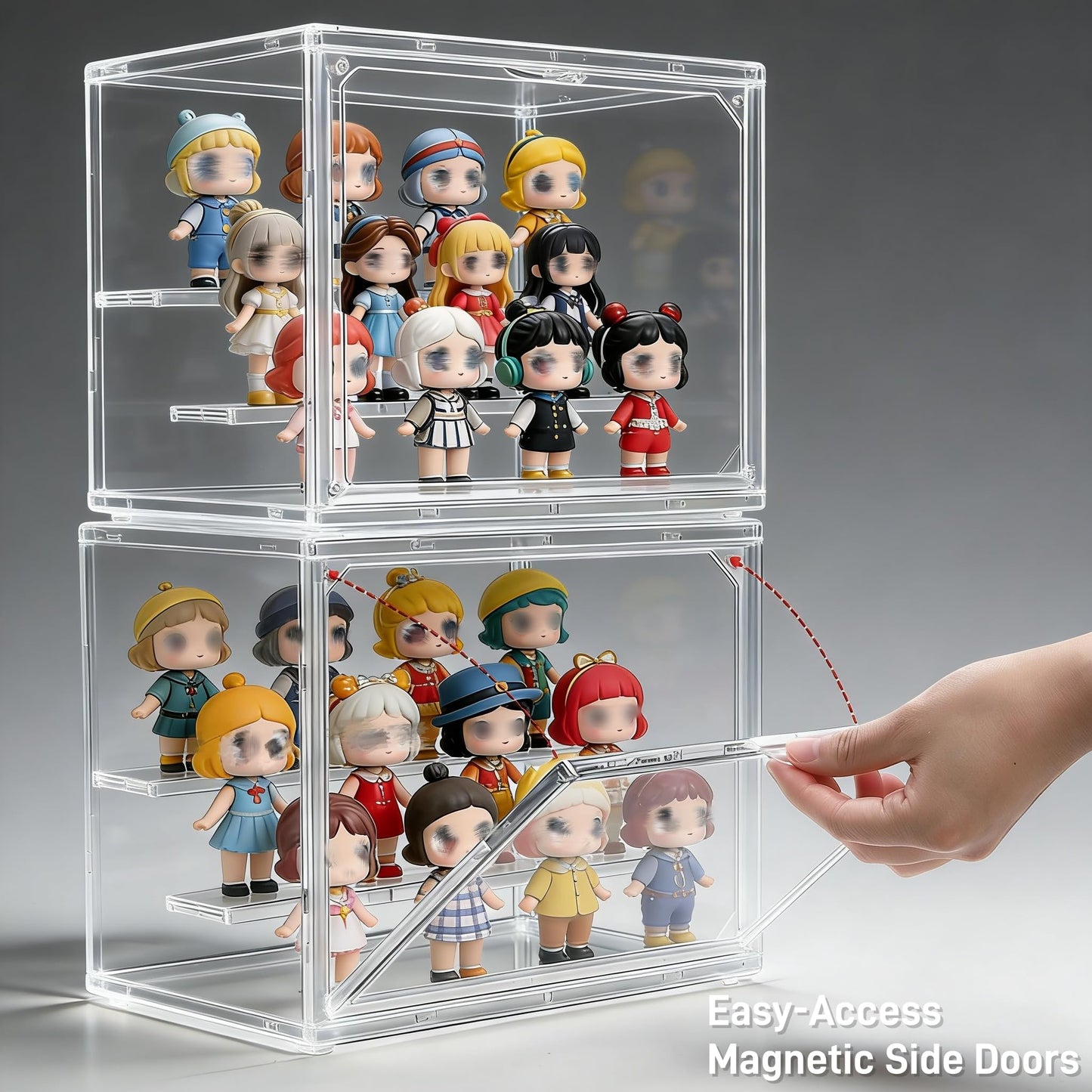 YIMITEE 2 Pack Clear Acrylic Display Case, 3 Tier Small Adjustable Display Box, Collectible Showcase with Magnetic Door, Figure Storage Shelf, Stackable Purse Organizer for Closet, Book, Cosmetic