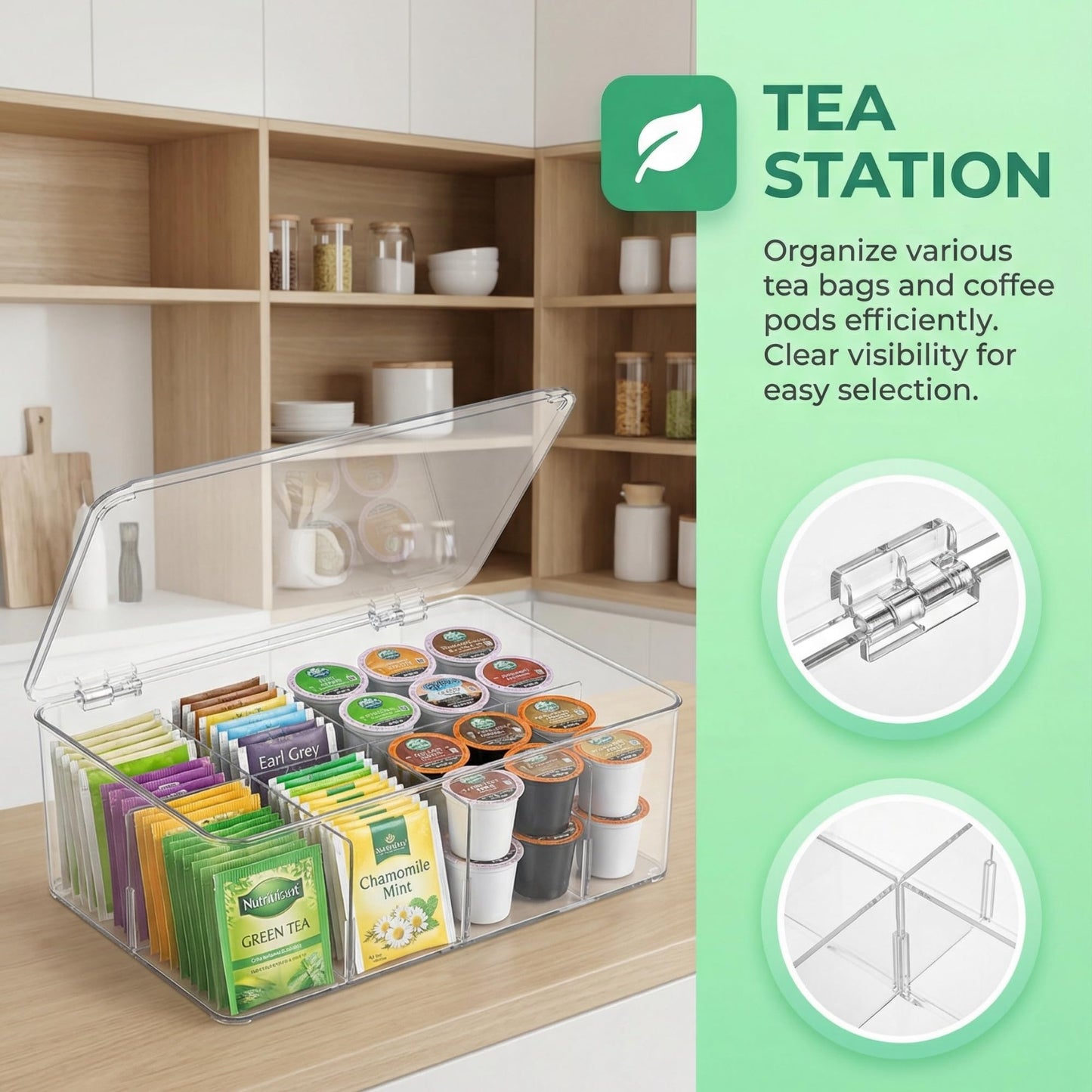 Tea Bag Organizer - Clear Acrylic Tea Storage Box with 8 Adjustable Compartments & Stackable Design for Pantry, Kitchen & Coffee Station - Versatile Tea Bag Holder with Lid