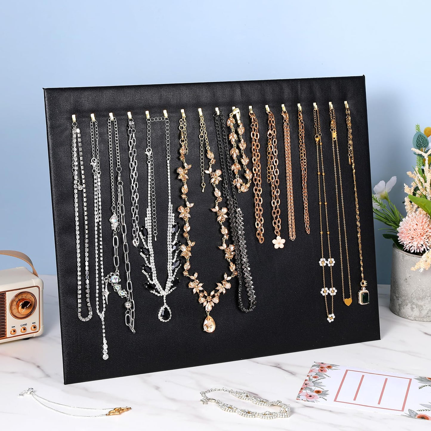Nodaaiie 4 Pcs Black Jewelry Display Stands, Leather Necklace Organizer Boards with 17 Hooks for Selling, Shop Store Showcase, Chain Pendant Bracelet Storage