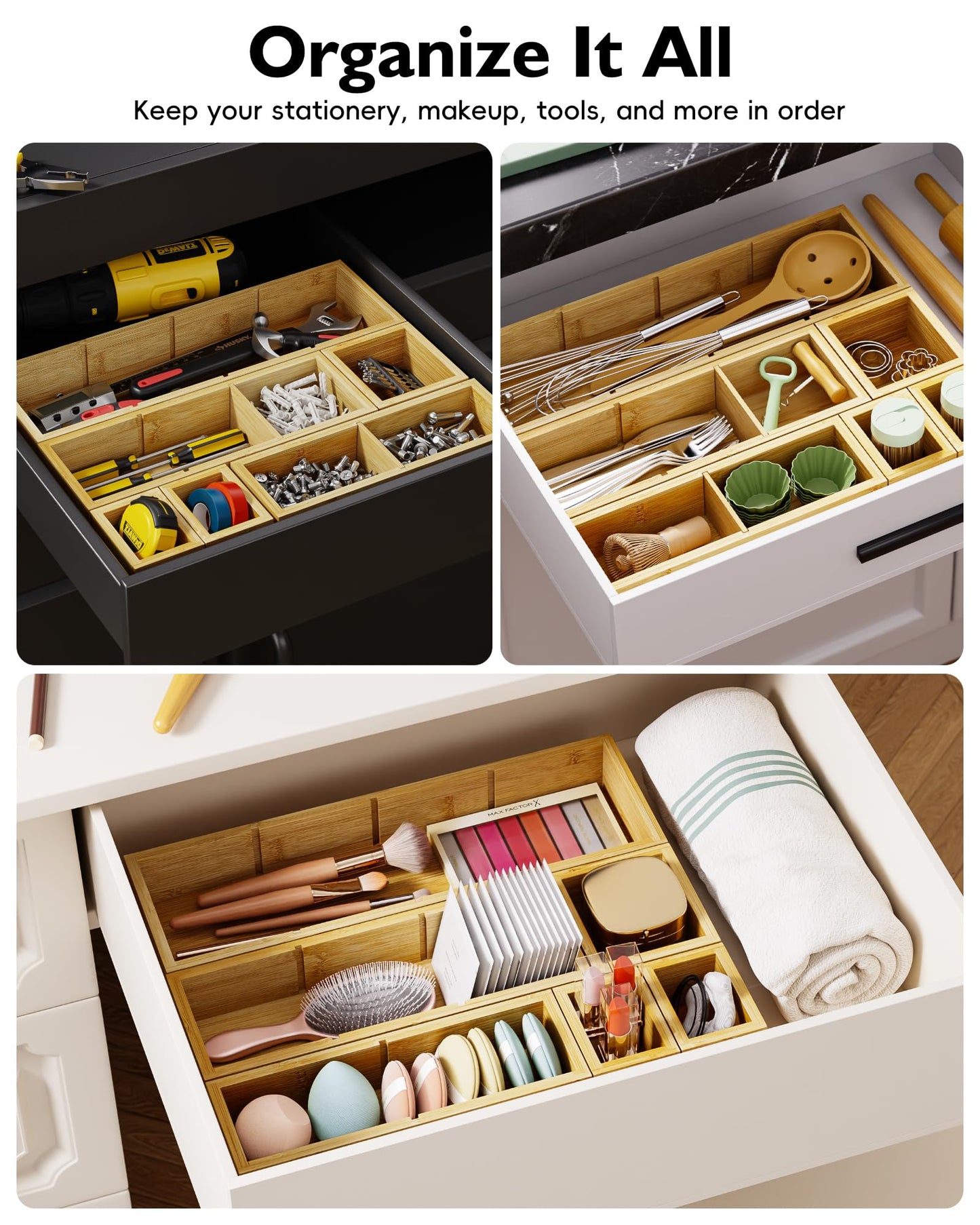 VA1KENE Bamboo Drawer Organizer Set, 6 PCS Desk Drawer Organizer Trays with 12 Compartments, Wood Storage Boxes for Junk Drawer, Kitchen Utensils, Office Supplies, Makeup, Jewelry, Bathroom