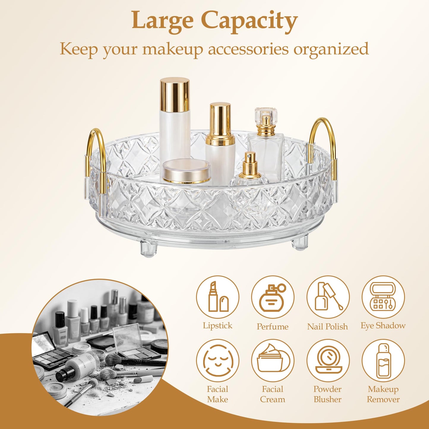 LAREKUN 360 Rotating Makeup Organizer for Vanity,Adjustable Perfume Organizer for Dresser, Multi-Function Spinning Cosmetics Skincare Storage for Bedroom, Dresser, Countertop, Clear