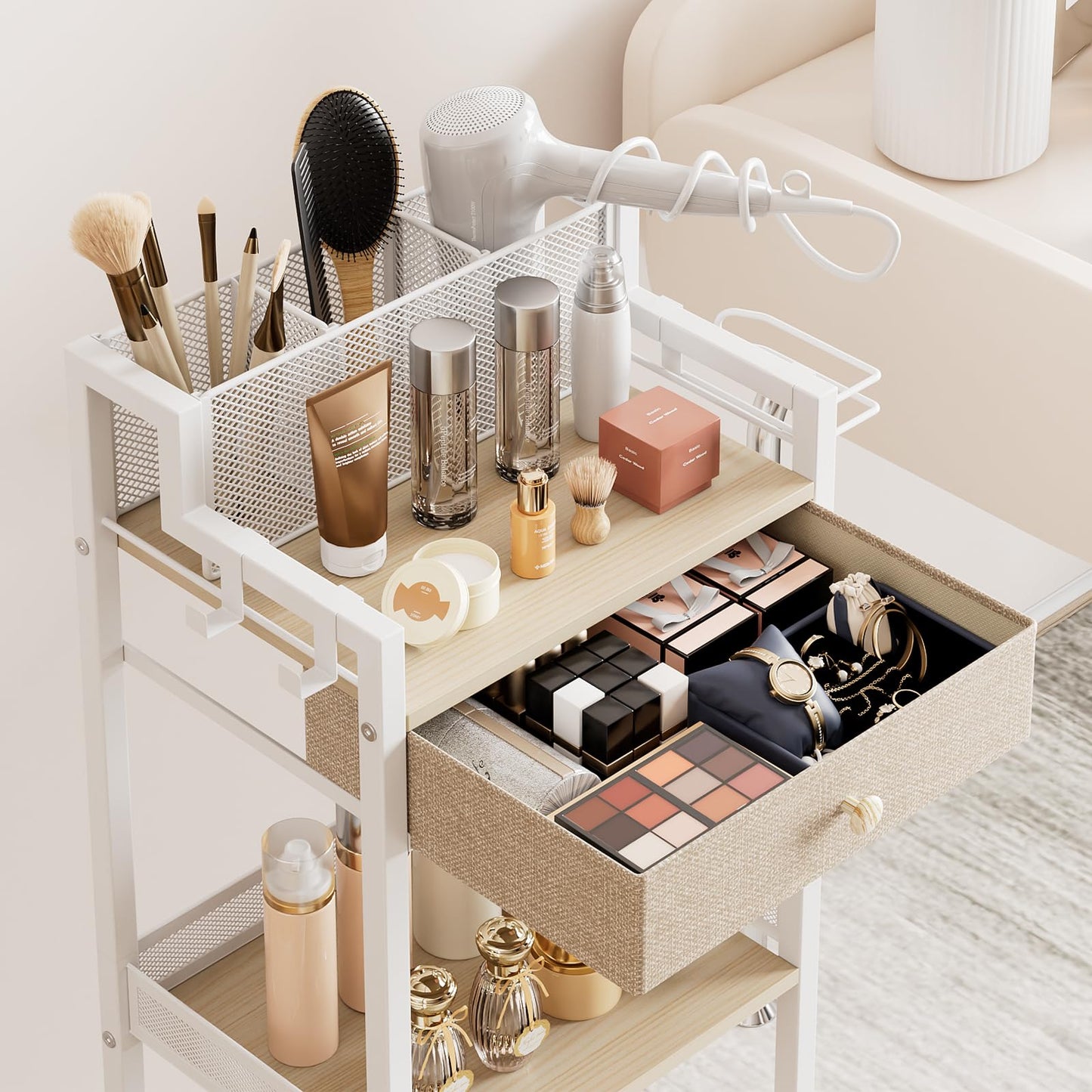 FURFUN 3 Tier Bathroom Shelf with Drawer, 12.8in Large Floor Makeup Organizers Cosmetics Display Cases Holder for Hair Tool, Skincare, Kitchen, Bathroom, Laundry Room Organization