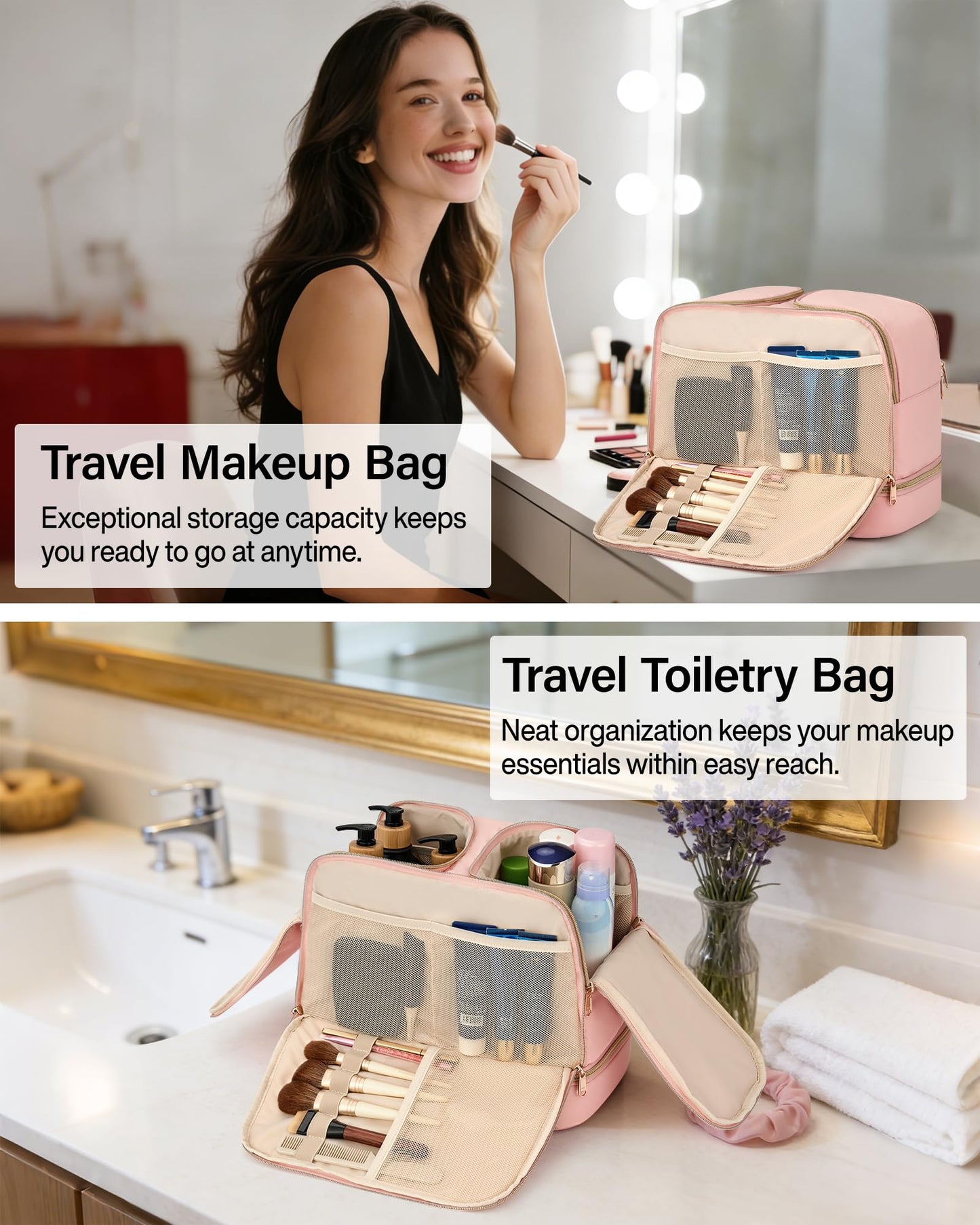 Hanke Travel Toiletry Bag, Lightweight Wide-open Large Toiletry Bags for Women, Dual-Layer Makeup Bag Water-Resistant Cosmetic Travel Bag with Handle for Accessories, Essentials, Pink