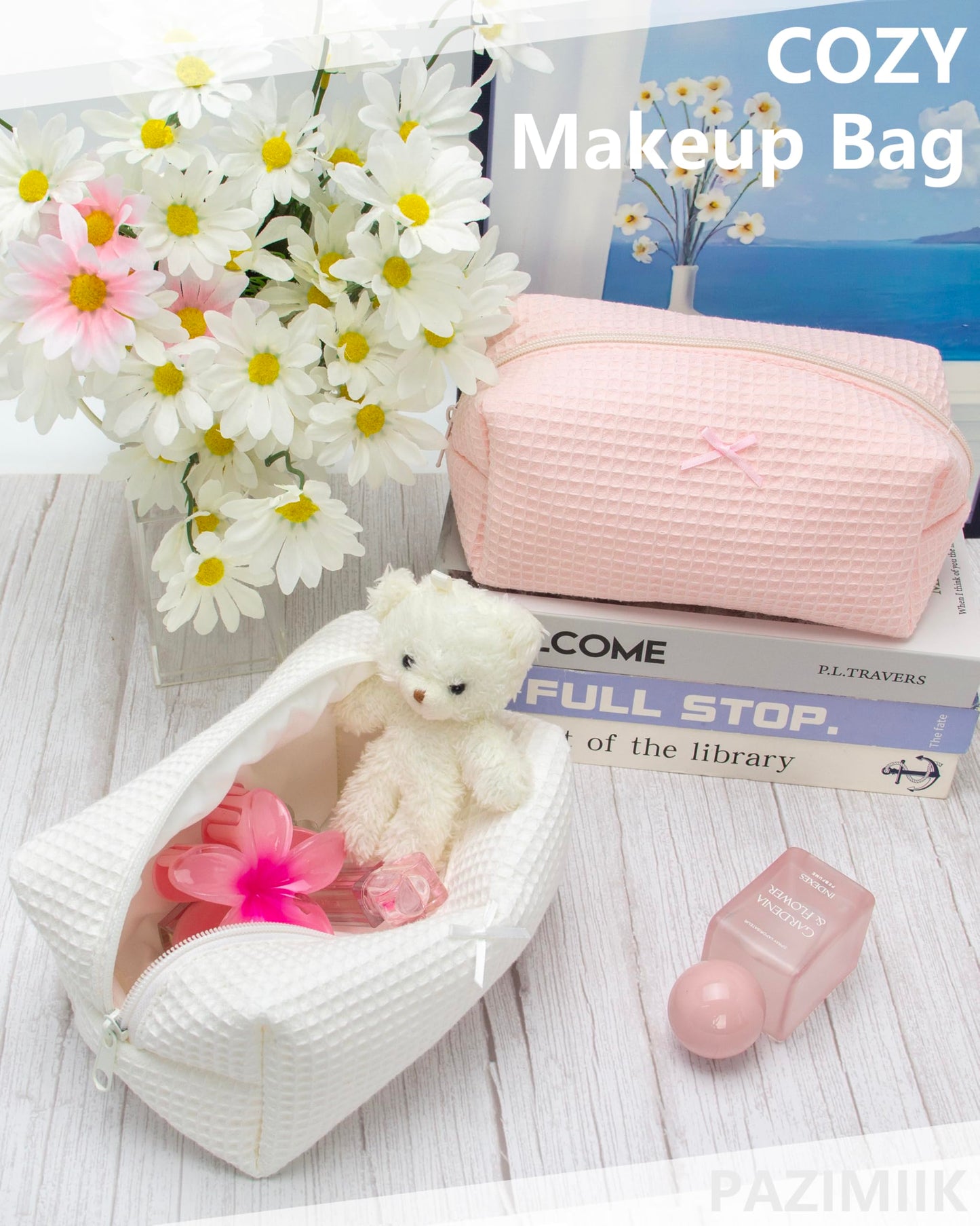 PAZIMIIK 6PCS Cozy Makeup Bag Travel Cosmetic Bag for Women Soft Toiletry Bag Aesthetic Makeup Organizer Portable Large Zipper Pouch for Skincare Beauty Accessories Brushes Waffle Check Cream White