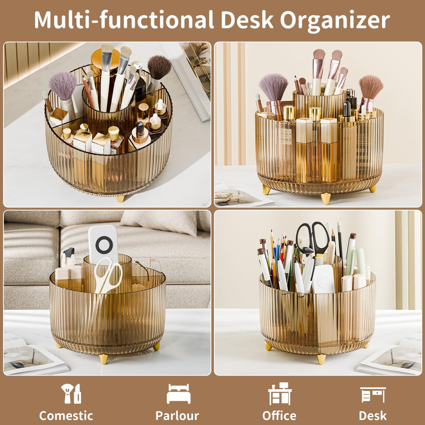 fanado 360° Rotate Makeup Brush Holder Organizer, Makeup Organizers Countertop, Makeup organization and Skincare Storage for Vanity, Desktop, Bathroom (Clear Amber)