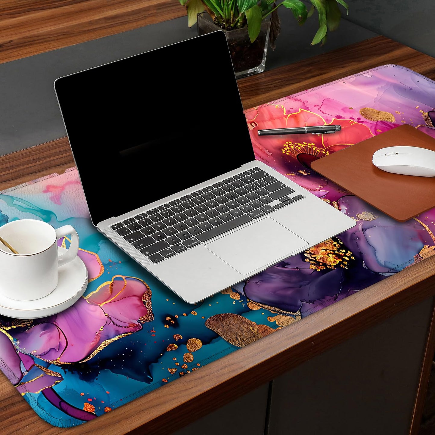 Floral Mouse Pad XXL – Large Desk Mat with Abstract Alcohol Ink Flowers in Pink, Purple & Teal, Extended Mousepad with Non-Slip Base for Office, Workstation, Gifts,31.5 x 11.8 in