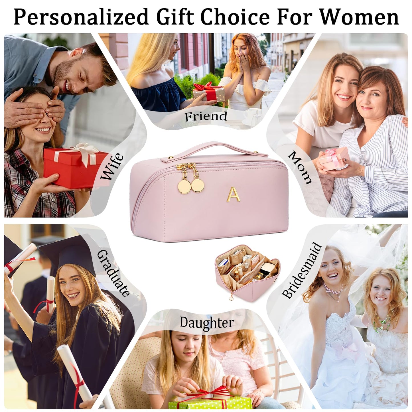CLOUDWINGS Initial Makeup Bag Gifts for Women Bridesmaid Gifts Travel Toiletry Personalized PU Leather Waterproof Cosmetic Bag (Large-Pink-A)