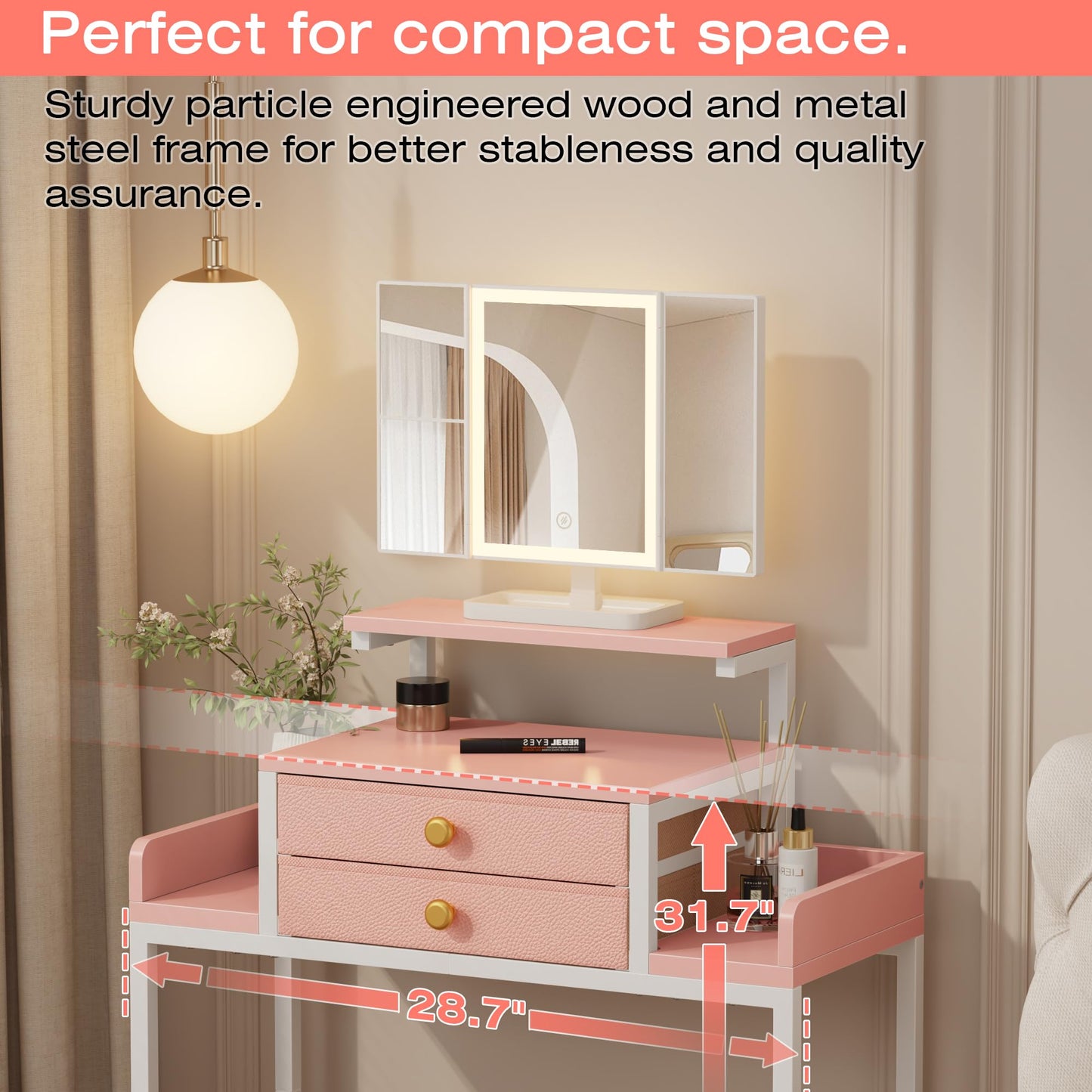 HIGDBFE Vanity Desk with Mirror and Lights 28.4''W Small Makeup Vanity