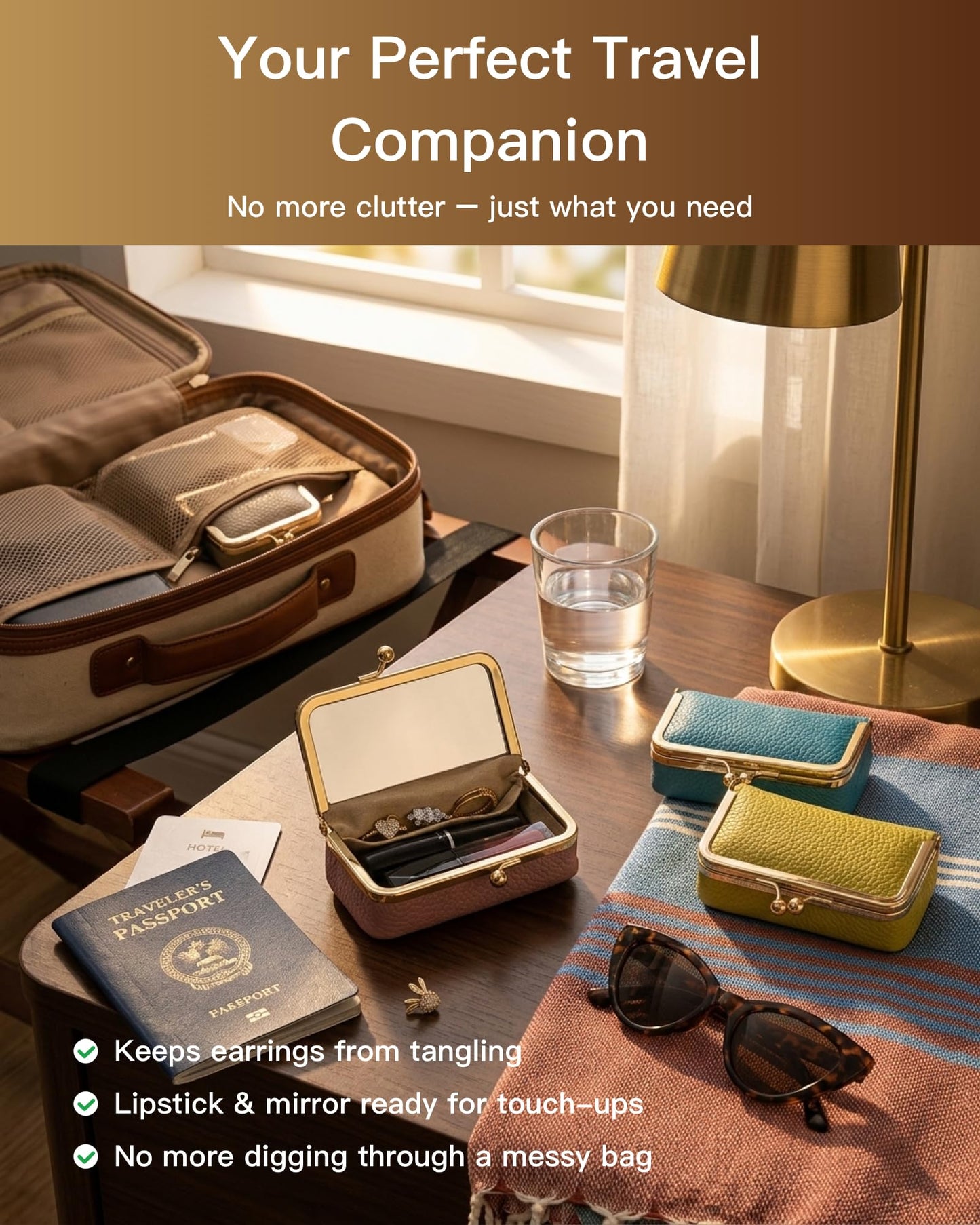 Nsciyise Genuine Leather Travel Jewelry Box, Mini Jewelry Organizer Case with Mirror for Women, Small Lipstick Bag for Purse, Cute Portable Gift for Her women giril (Black, Mirror)