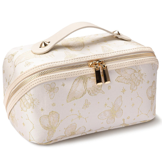 Abiudeng Travel Makeup Bag Large Capacity Toiletry Bag for Travel Essentials Open Flat Makeup bag Organizer with Divider and Handle