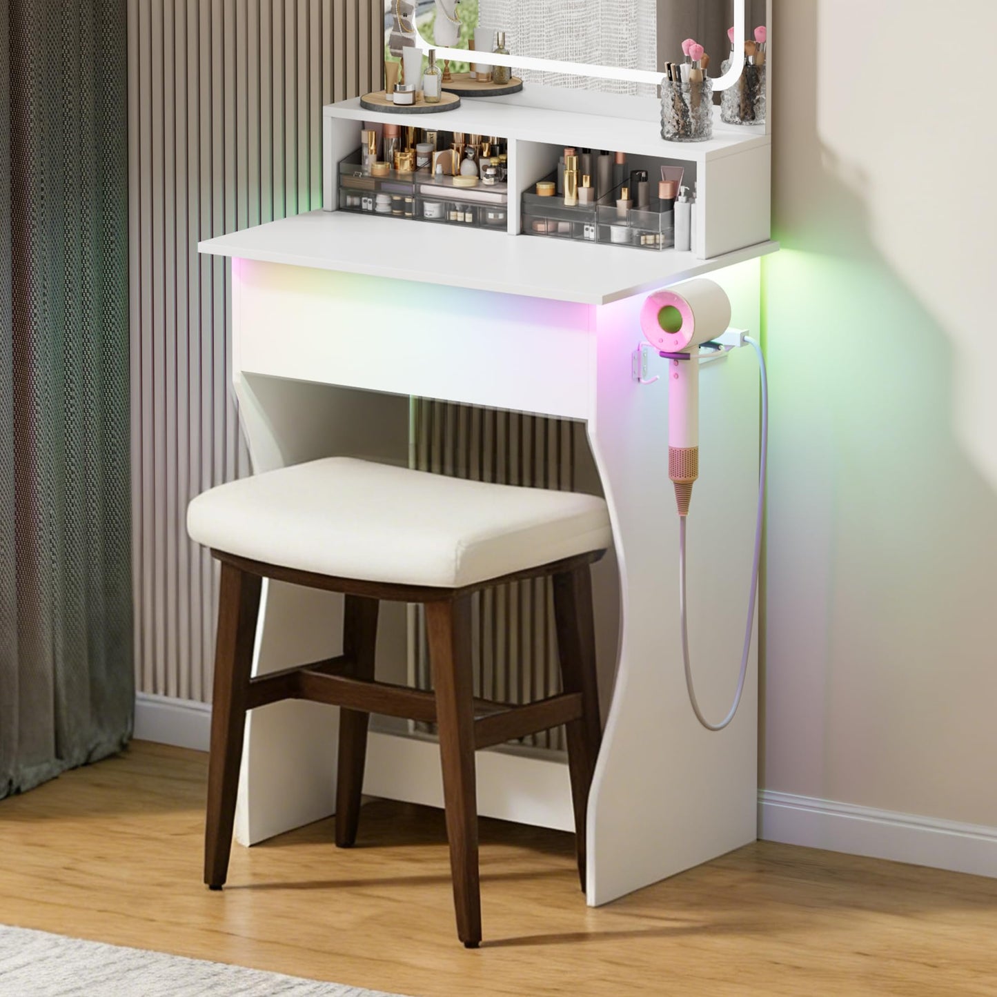AurnaGle Cream Vanity Chair Stool,17.7inch Compact Makeup Chair with Velvet Saddle Cushion,High Rebound Sponge Seat, Easy Assembly Footstool for Bedroom, Entryway, Home, Metal Legs Ottoman