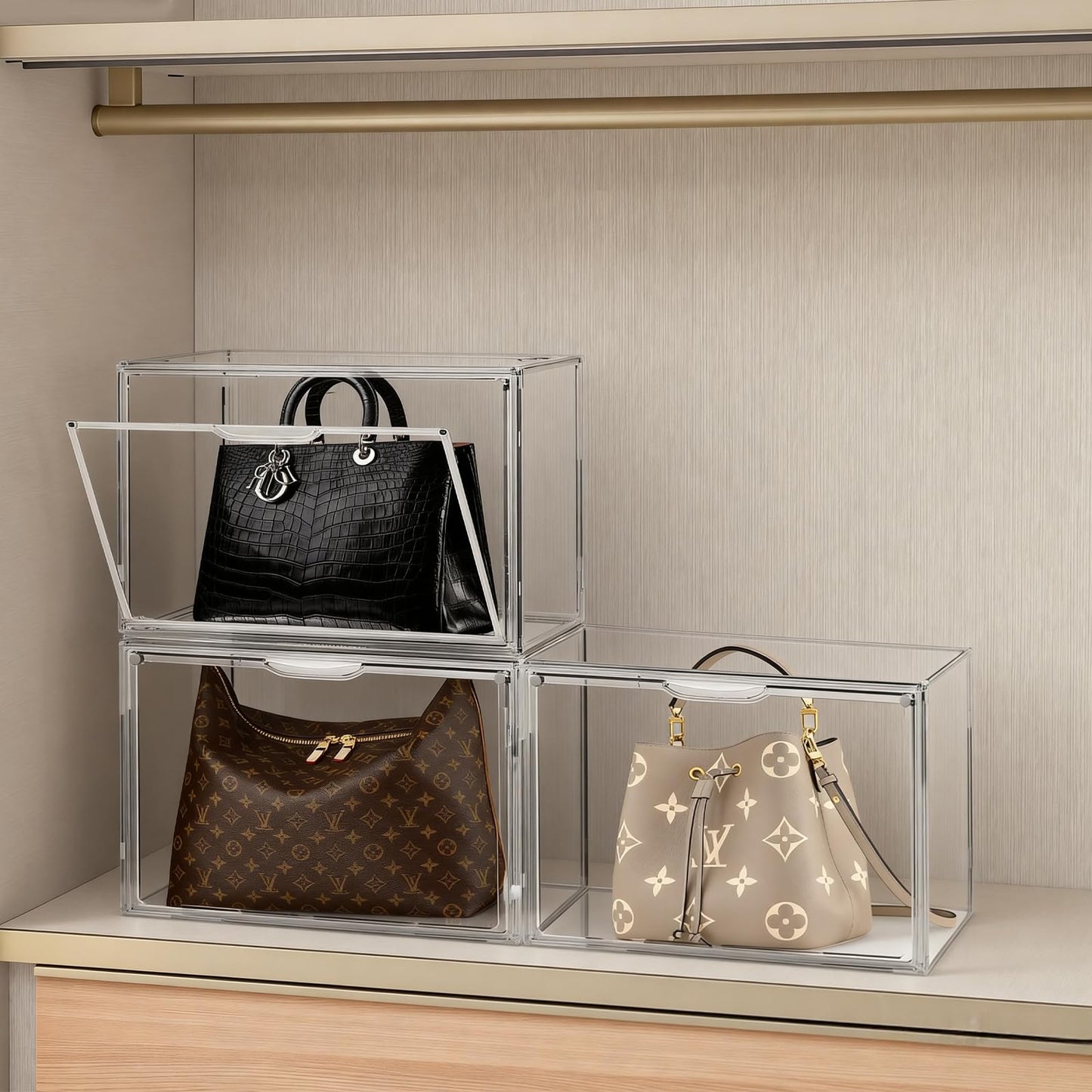Cutora 15 Pack Acrylic Purse Organizer for Closet, Stackable Clear Handbag Storage Bins with Magnetic Doors, Display Case for Purses, Hats, Books, and Collectibles