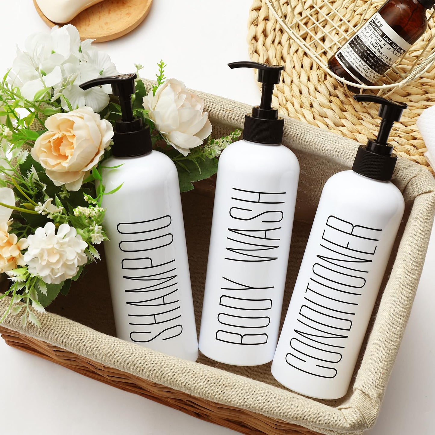 HOMCDALY Shampoo and Conditioner Dispenser, 16oz 3-Pack Refillable Pump Bottles, Shampoo Conditioner Body Wash Dispensers Bottles, Bathroom Shampoo Dispenser Set(White