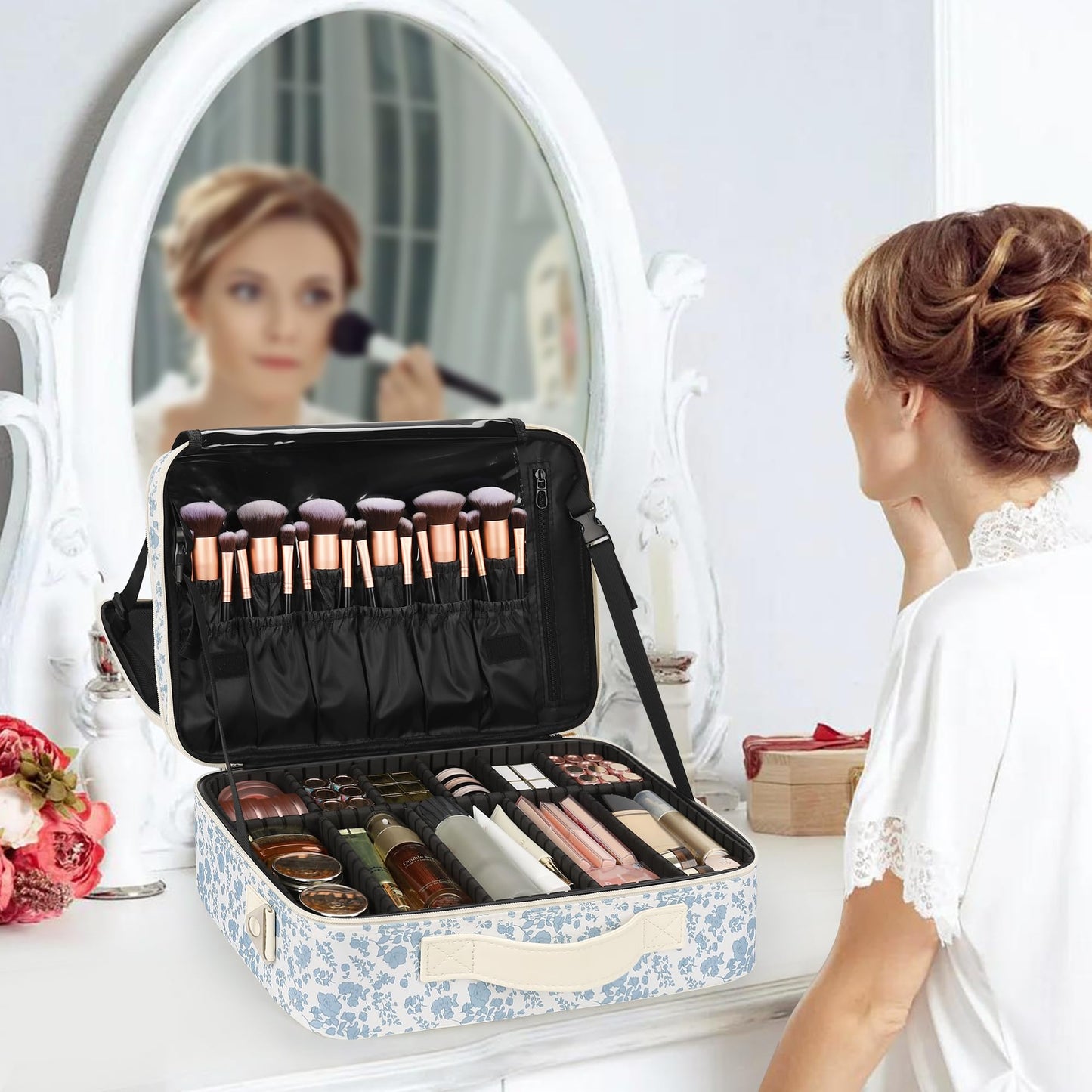 Relavel Large Makeup Bag, Floral Cosmetic Bag for Women, Professional Travel Train Case Portable Makeup Artist Bag Make Up Storage Organizer Box with Adjustable Dividers and Makeup Brush Compartment