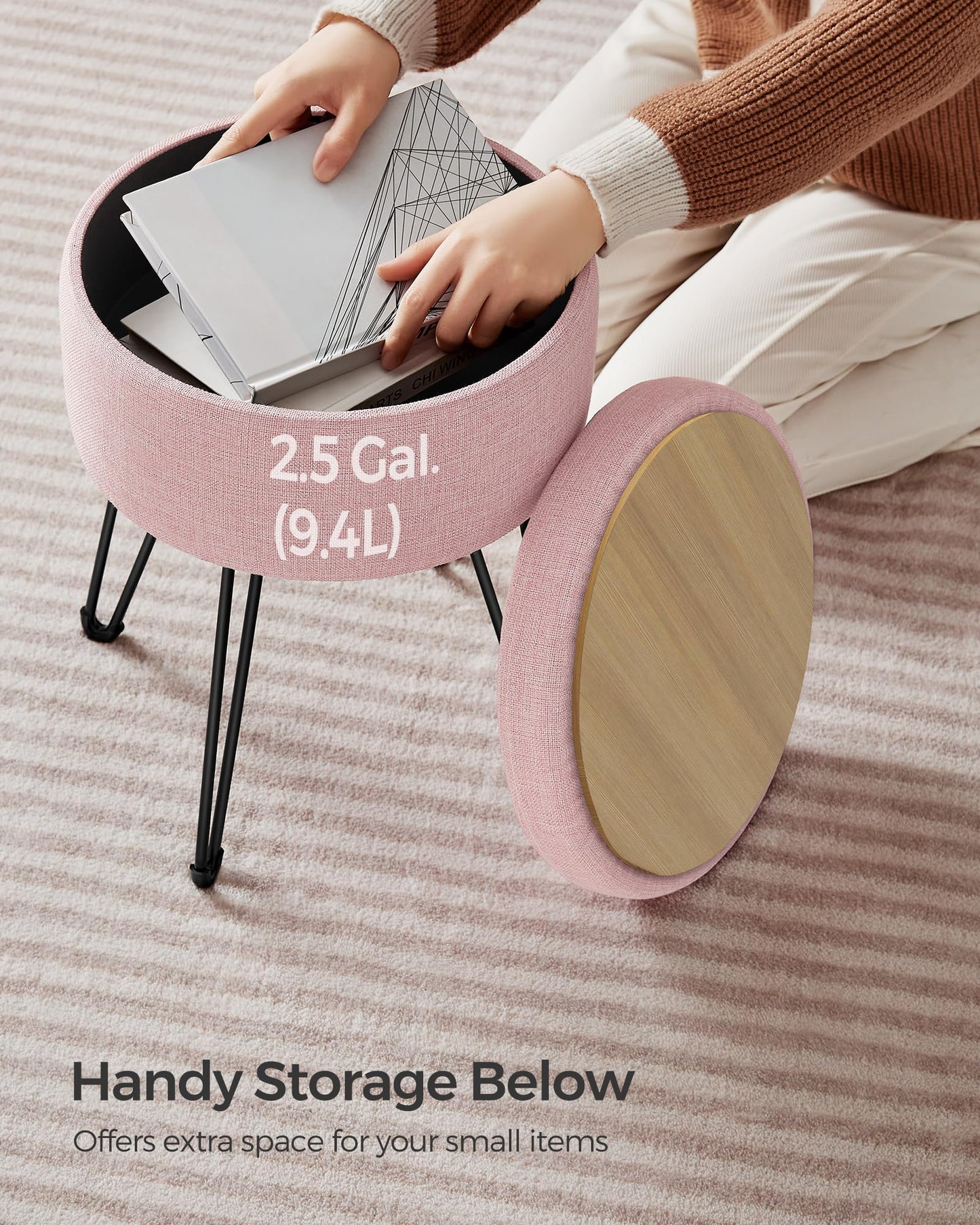 SONGMICS Vanity Stool Chair, Small Ottoman Stool with Storage, Vanity Chair, 15.4 Dia. x 17.4 Inches, 4 Metal Legs, for Makeup Room, for Living Room, Bedroom, Jelly Pink ULOM002R01