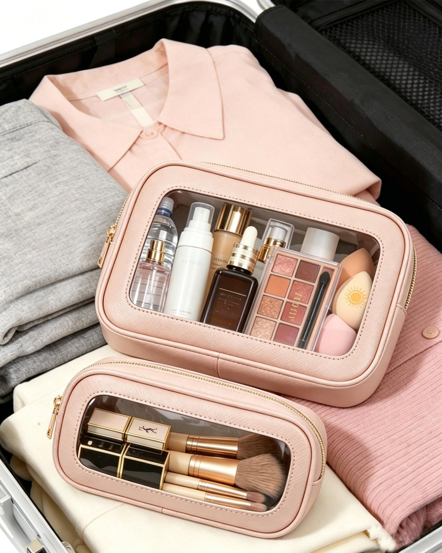 FFpaw 2Pcs Clear Makeup Bags Set - Portable Clear Cosmetic Bag Case Travel Makeup Brush Bag Waterproof Makeup Pouch TSA Approved Toiletry Bag Car Organizer Bag for Women (Dusty Pink Set)
