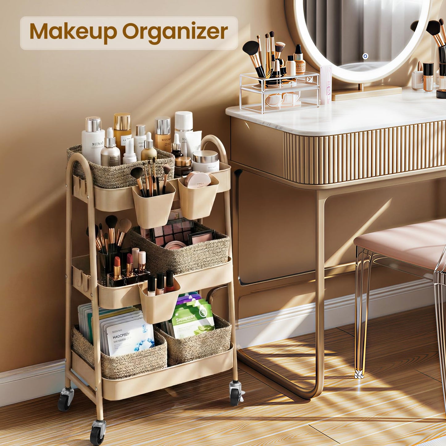 3-Tier Rolling Utility Cart with 4 Woven Baskets, Diaper Book Snack Cart, Storage Organizer for Nursery, Kitchen, Craft Room, Home SPA, Living Room, Metal Frame Trolley on Lockable Wheels, Brown