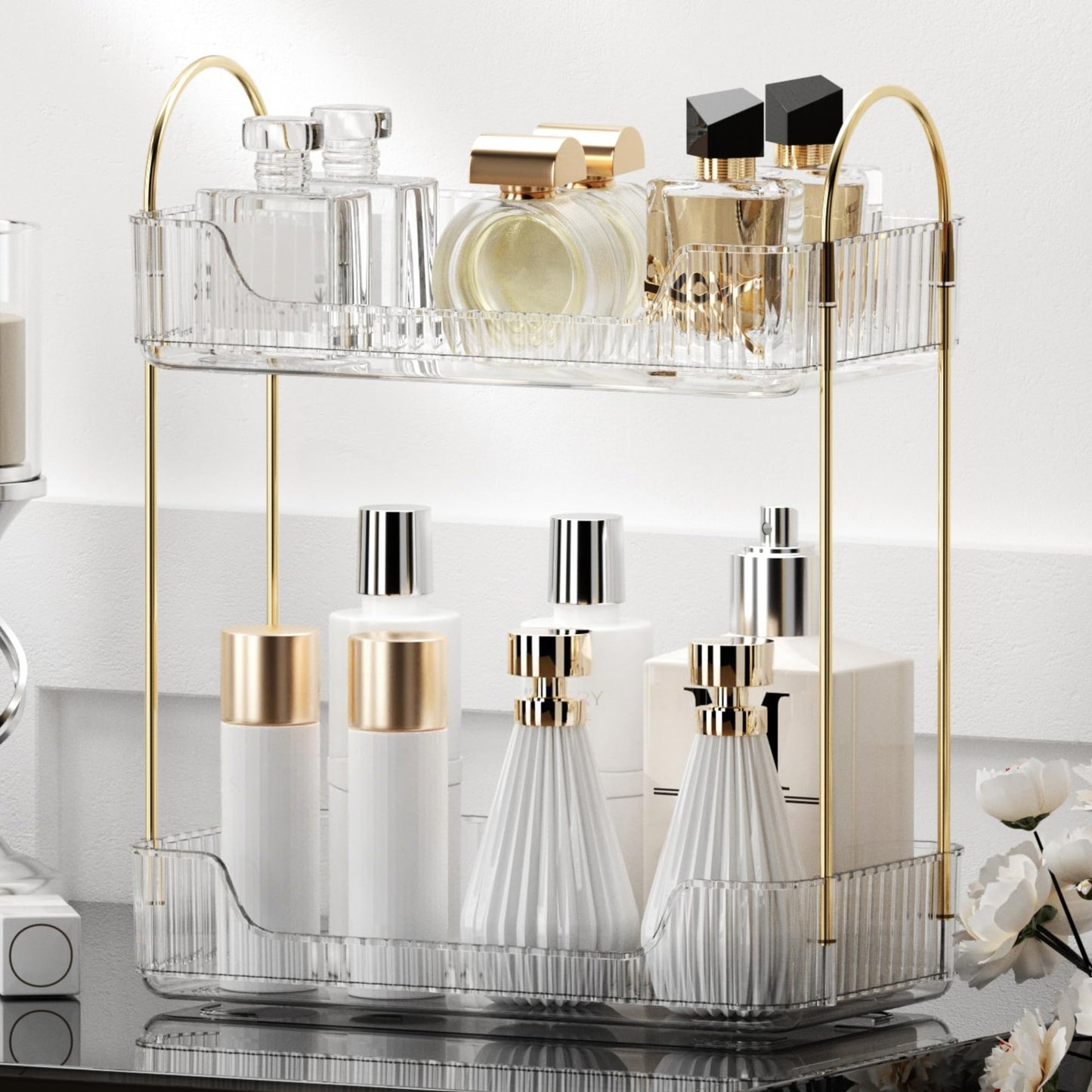 YCIA&DONE Bathroom Organizer Countertop, Makeup Storage, Skincare Cosmetic Tray Shelf, Perfume Holder Rack for Vanity Counter, Large Capacity, Easy to Install, Clean, 2 Tiers, Clear White
