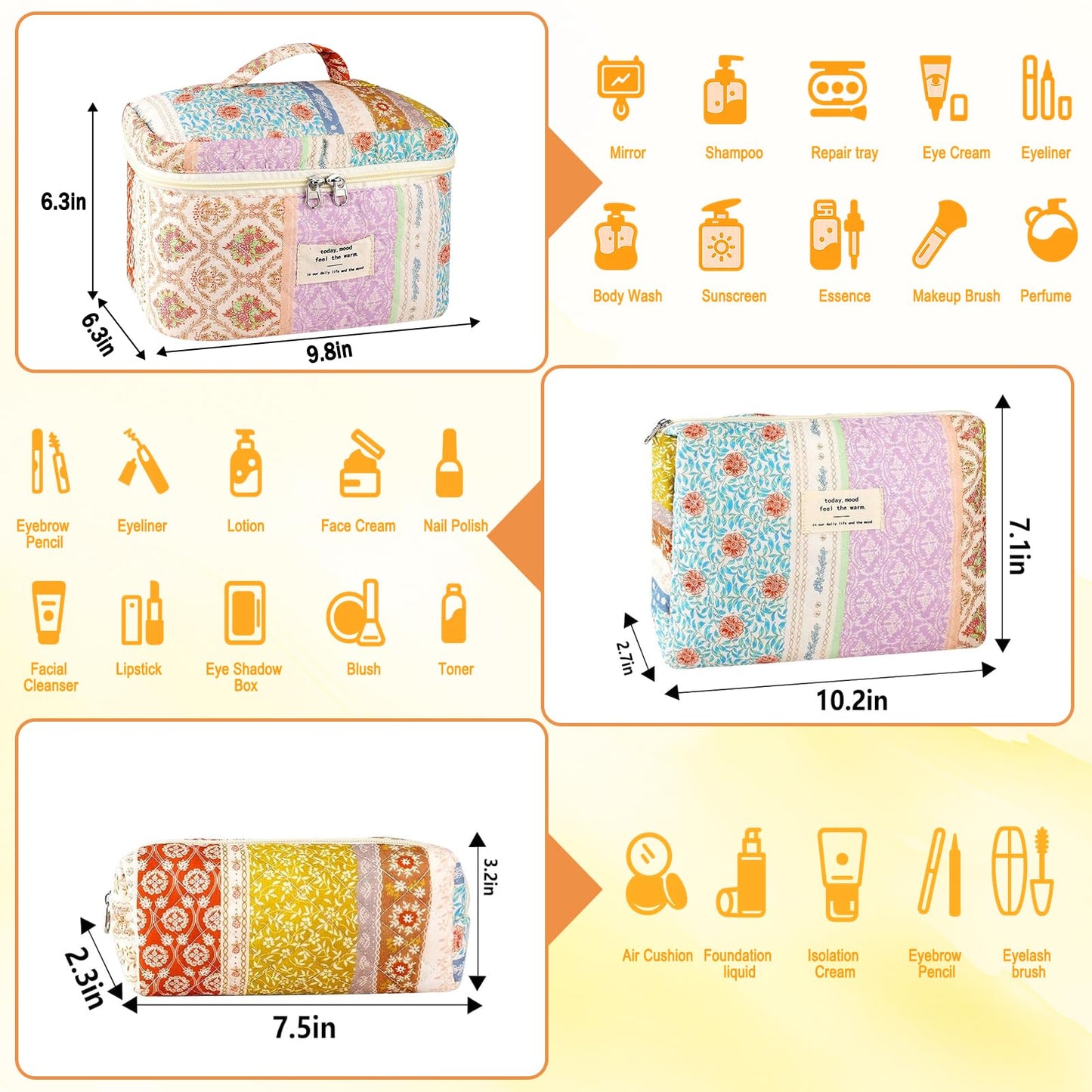 URSKYTOUS 3Pc Cotton Quilted Makeup Bags for Women Large Small Coquette Floral Travel Cosmetic Bag Set Aesthetic Cute Flower Makeup Pouch Portable Toiletry Bag Puffy Essential Storage Organizer Bag