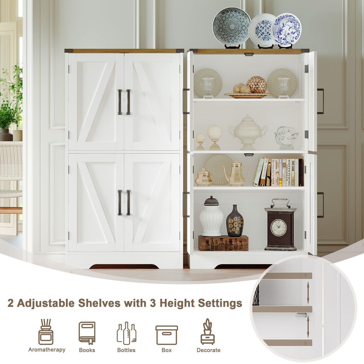 Treocho Narrow Bathroom Floor Cabinet, Farmhouse Bathroom Storage Cabinet with Doors and Adjustable Shelves, Freestanding Kitchen Pantry Cabinet, Cupboard for Living Room, Dining Room, White