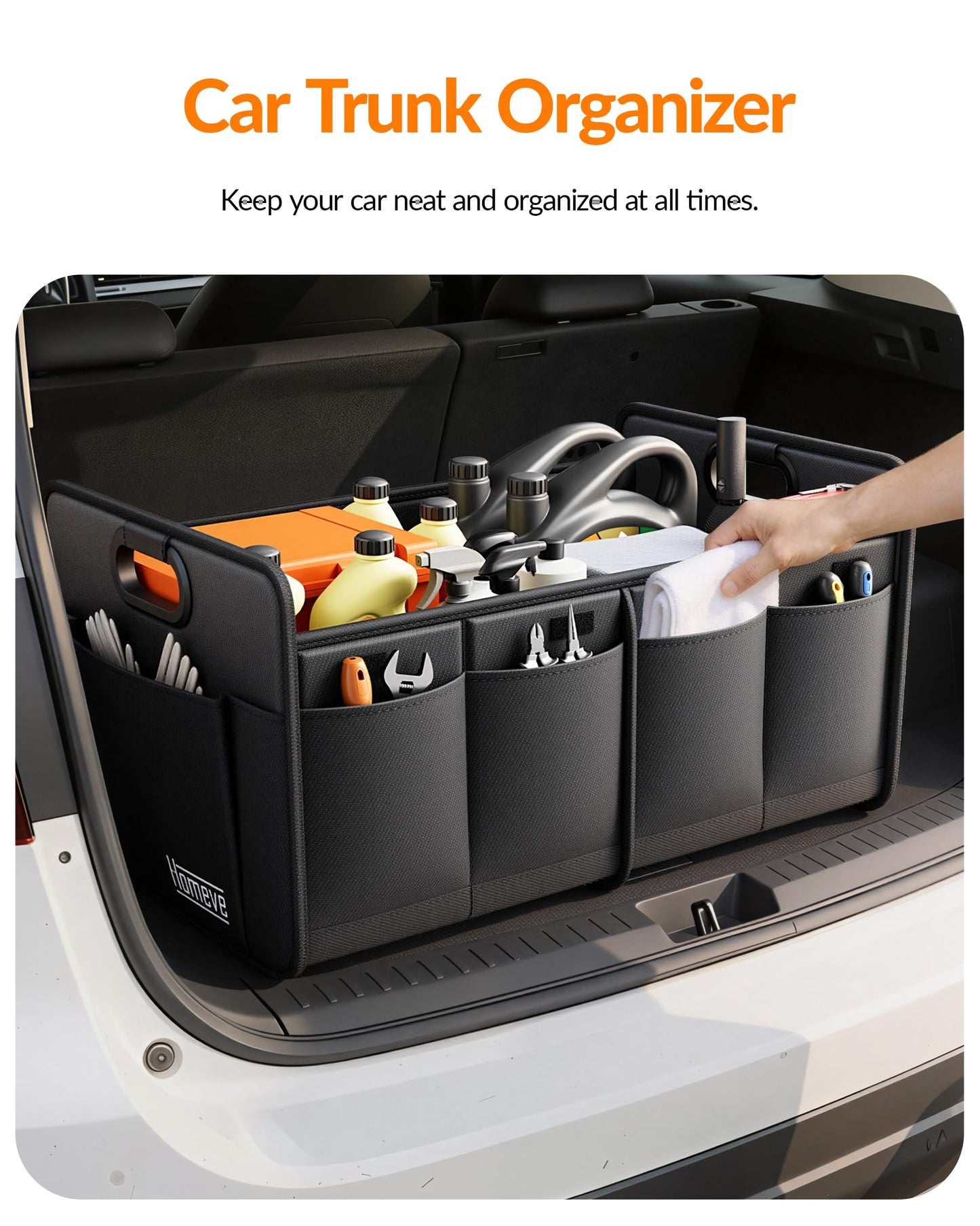Homeve Car Trunk Organizer for SUV, 15.5Gal Large Capacity No-Sag Heavy Duty, Foldable Waterproof Anti-Slip Storage with 12 Pockets, Fit Sedan,Truck, Universal Car Accessories, Black, 2 Compart,Medium