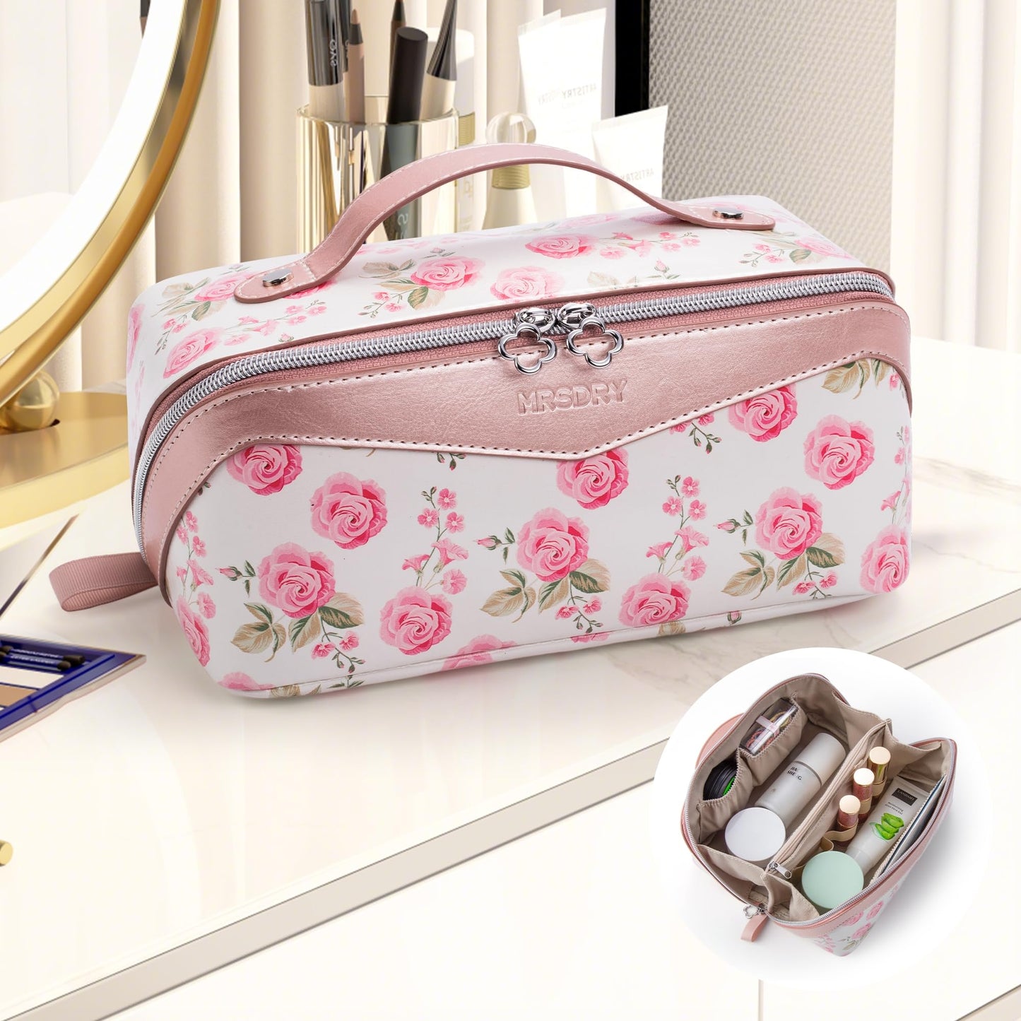 Mrsdry Travel Makeup Bag，Large-capacity waterproof cosmetic bag，Travel bags and toiletries bags for women，PU leather material，Multi-zone and large opening design (Rose Gold flower)