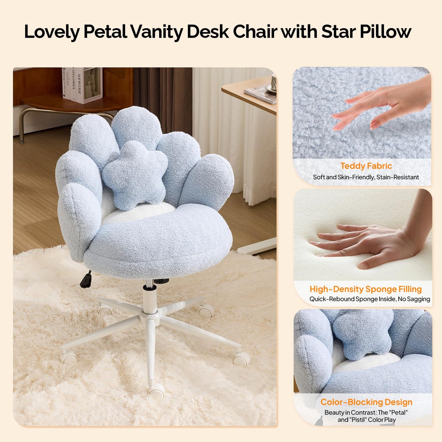VINGLI Lovely Petal Vanity Desk Chair with Star Pillow, Height Adjustable Armless Swivel Chair in Vibrant Color-Blocking, Modern Computer Task Chair for Bedroom & Home Office, Teddy Fleece,Blue