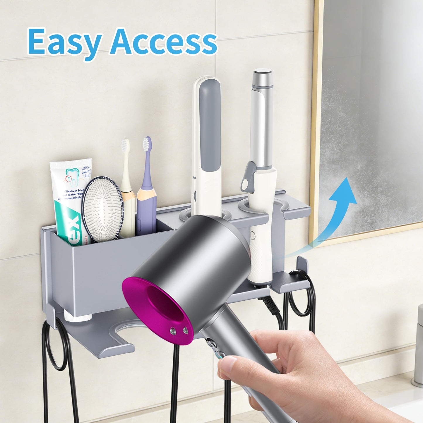 BOIVSHI Blow Dryer Holder, 2 Installation Methods (Adhesive & Screws) Hair Dryer Holder Wall Mounted, Metal Hair Tool Organizer for Curling Iron, Straightener, Bathroom Wall Organizer, Gray