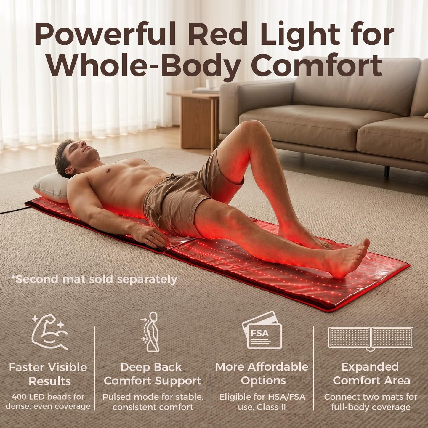 BestQool Red Light Therapy Mat, 400 LEDs Triple Chips 660nm 850nm, FSA-HSA Red Light Therapy for Body, 38" x 23" Large Pads, Full Body Infrared Light Therapy Mat. 63W