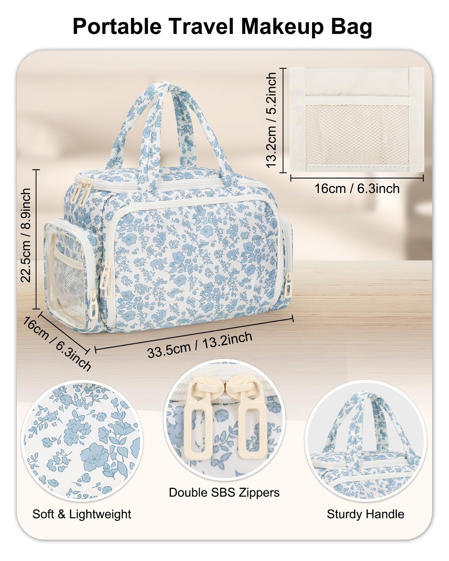 WGEAR Travel Makeup Bag, Lightweight Wide-open Toiletries Bag for Women, Large Cosmetic Organizer Bag with Makeup Brushes Compartment for Travel-Sized Essentials for Trip, Camping - Blue Flower
