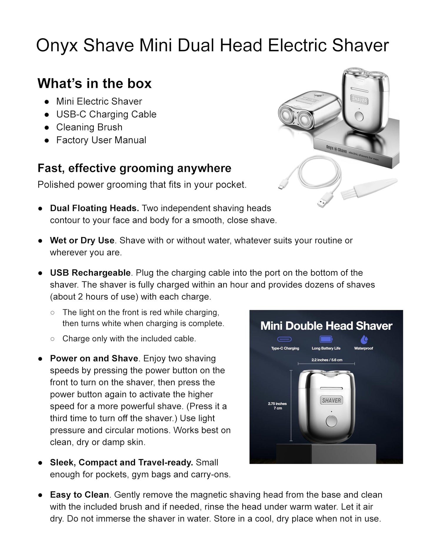 Onyx Shaver Mini Dual Head Rotary Electric Razor for Men, Portable Travel Groomer, USB-C Rechargeable Wet & Dry, Compact Pocket Size, Dual Speed, Detachable Easy Clean Head