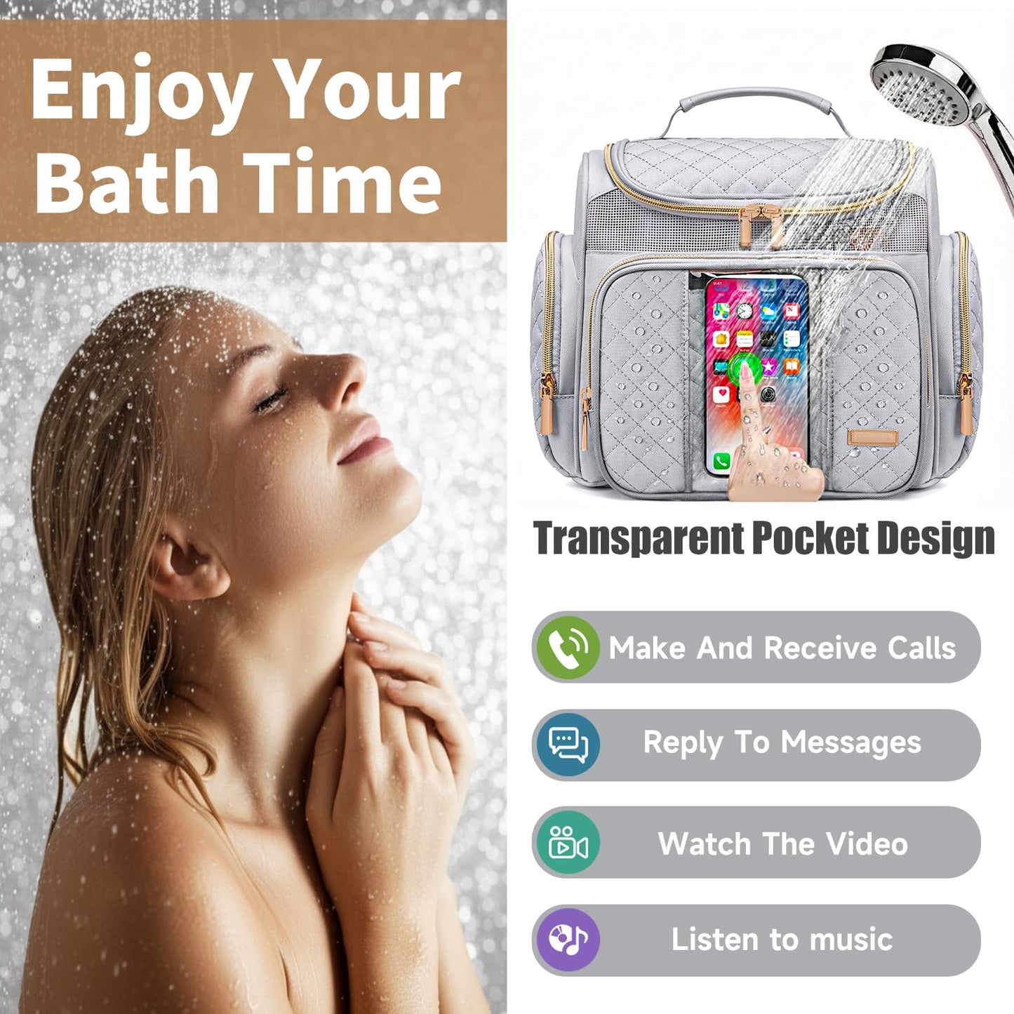 Large Toiletry Bag for Women Men,Bathroom Bag,Water Resistant Shower Bag,Makeup Bag,Toiletry Bags for Traveling,Hanging Toiletry Bag with Transparent Waterproof Phone Pocket (Light Gray)