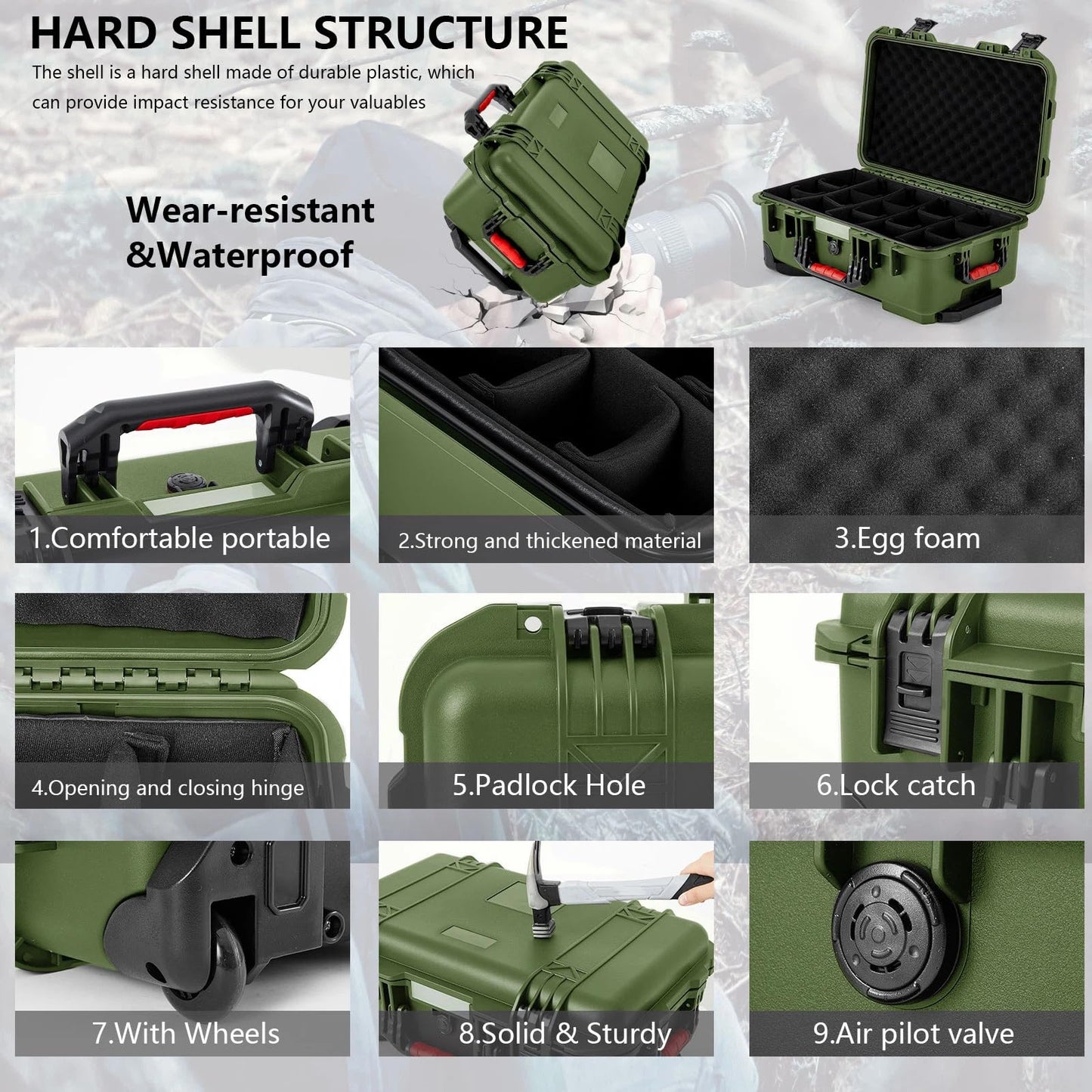 Relaxweex Rolling Camera Hard Case with Padded Dividers & Wheels, Impact-resistant Hard Shell Travel Case for Cameras, Lenses & Accessories(22 x 14 x 9 Inch,Military Green)