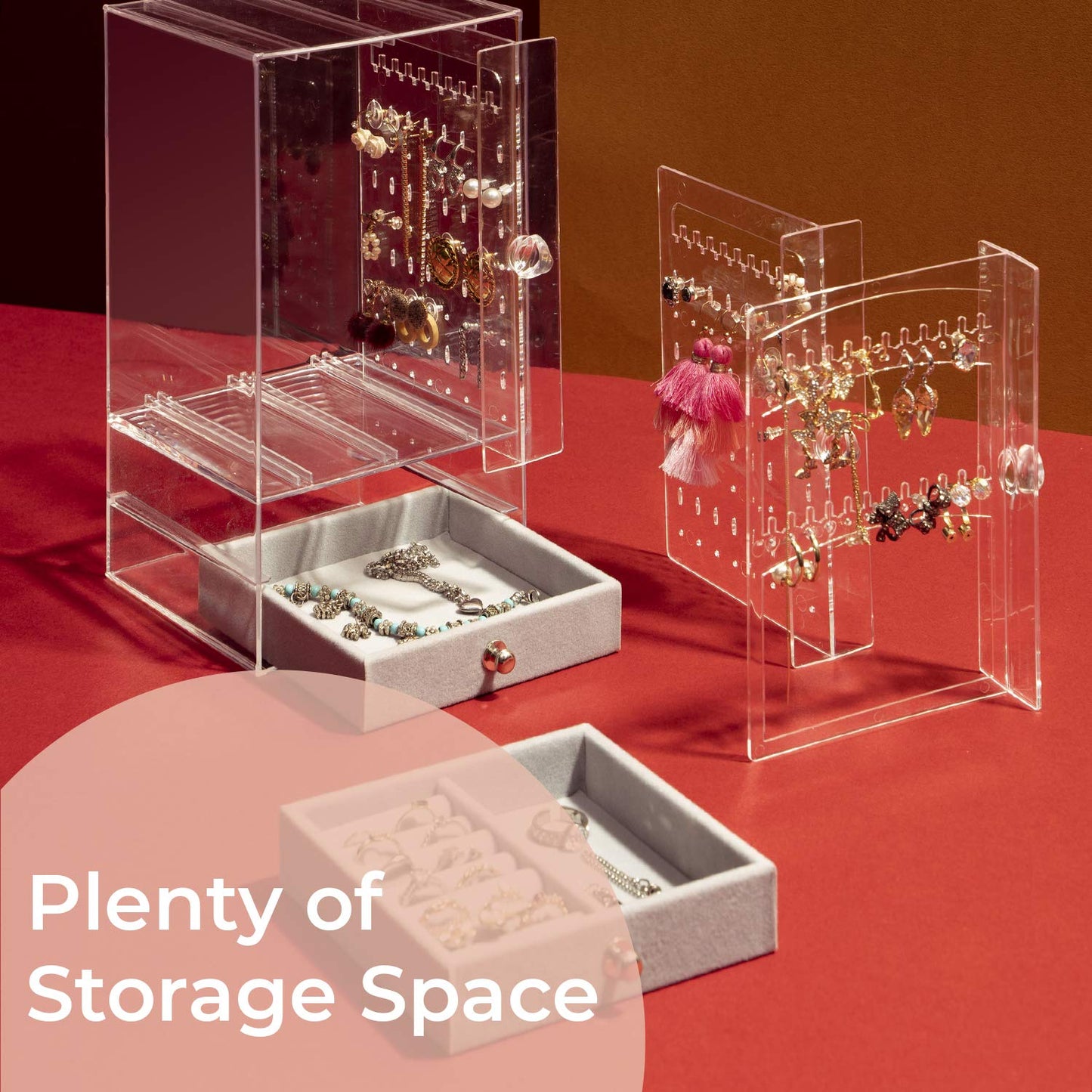 DOZZZ Acrylic Jewelry Organizer Box with 5 Drawers for Women, Clear Earring Holder Storage Display Stand Rack for Rings Necklace Bracelet