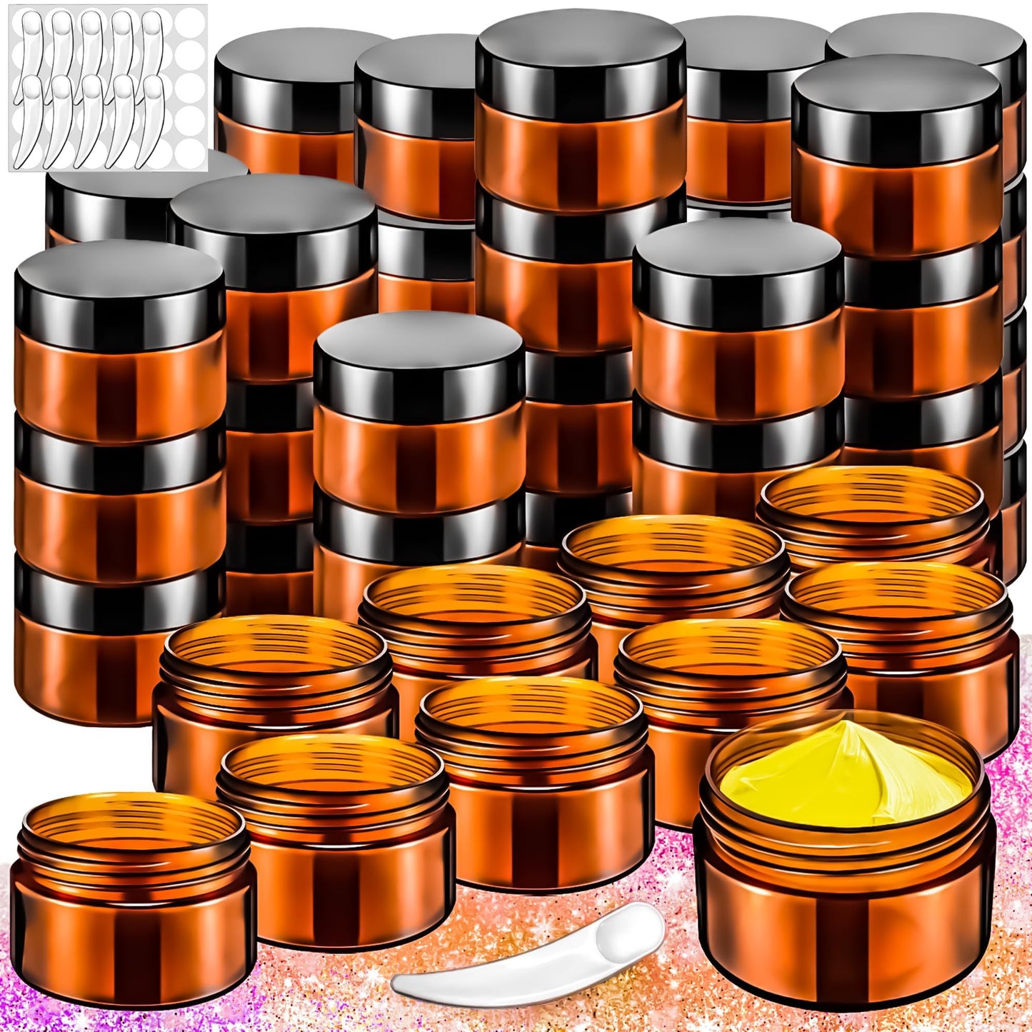 MotBach 40 PCS 15g Amber Plastic Containers with Black Lids, Small Makeup Containers, 0.5oz Round Travel Cosmetic Jars with Spatulas for Liquid, Powder, Cream, Lotion
