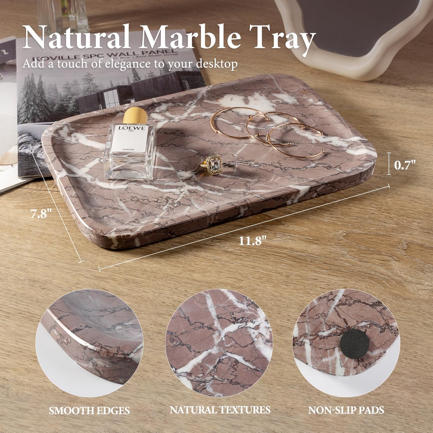 Koville Marble Tray, 12"x8" Marble Vanity Tray for Countertop Bathroom Kitchen Dresser, Decorative Catchall Trays for Perfume Jewelry, Rectangular Stone Serving Tray(Purple)