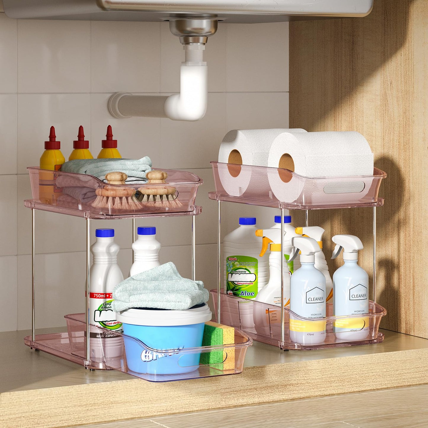 Delamu 2-Tier Under Sink Organizers and Storage, Multi-Purpose Stackable Bathroom Cabinet organizers, Pull Out Kitchen Pantry Organization and Storage with Dividers(2 Pack, Pink)