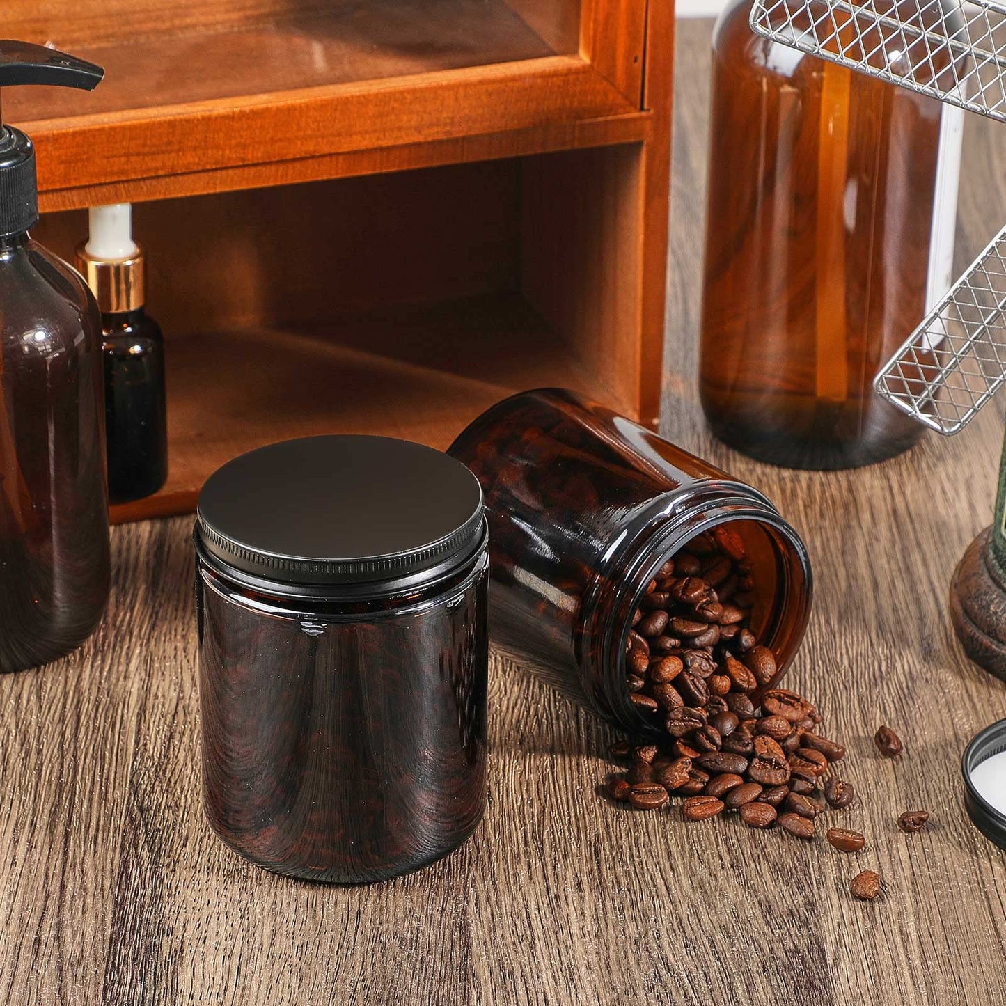 Lallisa 72 Pcs 8 oz Cobalt Glass Jars with Black Metal Lids Round Small Cosmetic Jars Round Glass Containers for Apothecary Body Butter Herbs Spice and Food Storage (Amber)