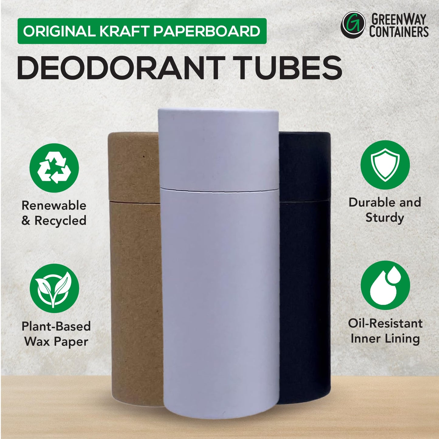 GreenWay 2.5oz / 70g Kraft Paperboard Deodorant Tubes with Lids - 25 Pack Solid Perfume Refillable DIY Cosmetic Containers - Deodorant Containers Lotion Tubes Empty Holder Kraft - White