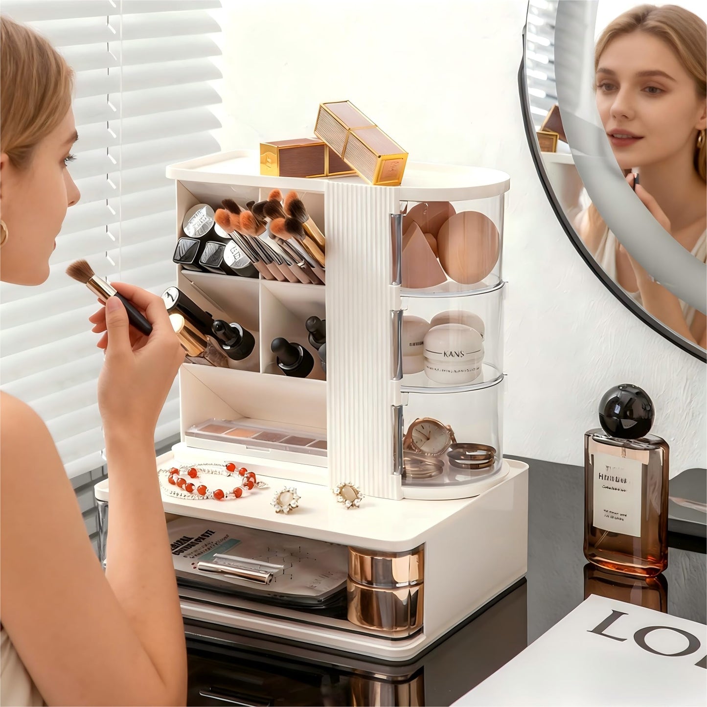 AevumTech Makeup Organizer with 3 Rotating & Dustproof Drawers, Large Capacity Cosmetic Storage Box with Makeup Brush Holder, Make up Organizers for Vanity, Dresser, Bathroom (White)