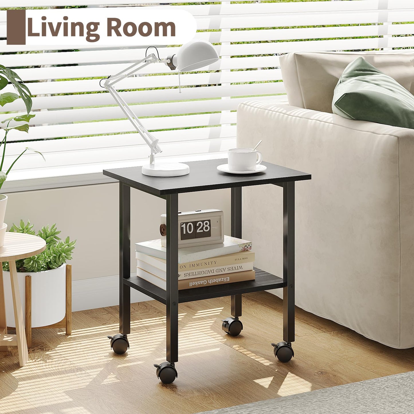 YQ JENMW 2 Tier Printer Stand with Storage, Under Desk Printer Table, Space-Saving Printer Table with Locking Wheels, Rolling Printer Cart for Home Office, Black